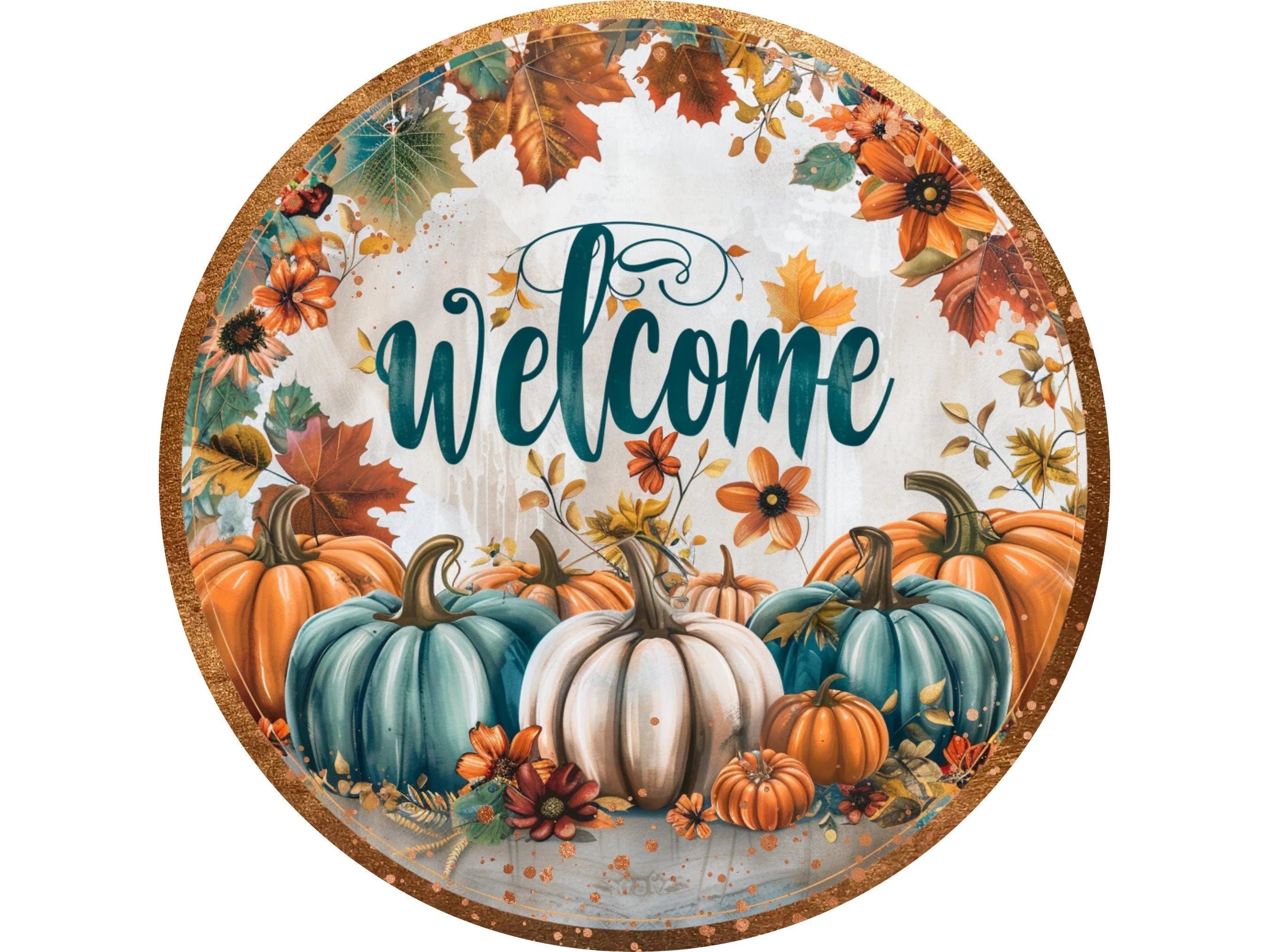 Fall Pumpkins Welcome Sign, Teal and White Pumpkin Door Hanger, Rustic Autumn Leaves Decor, Farmhouse Thanksgiving Sign