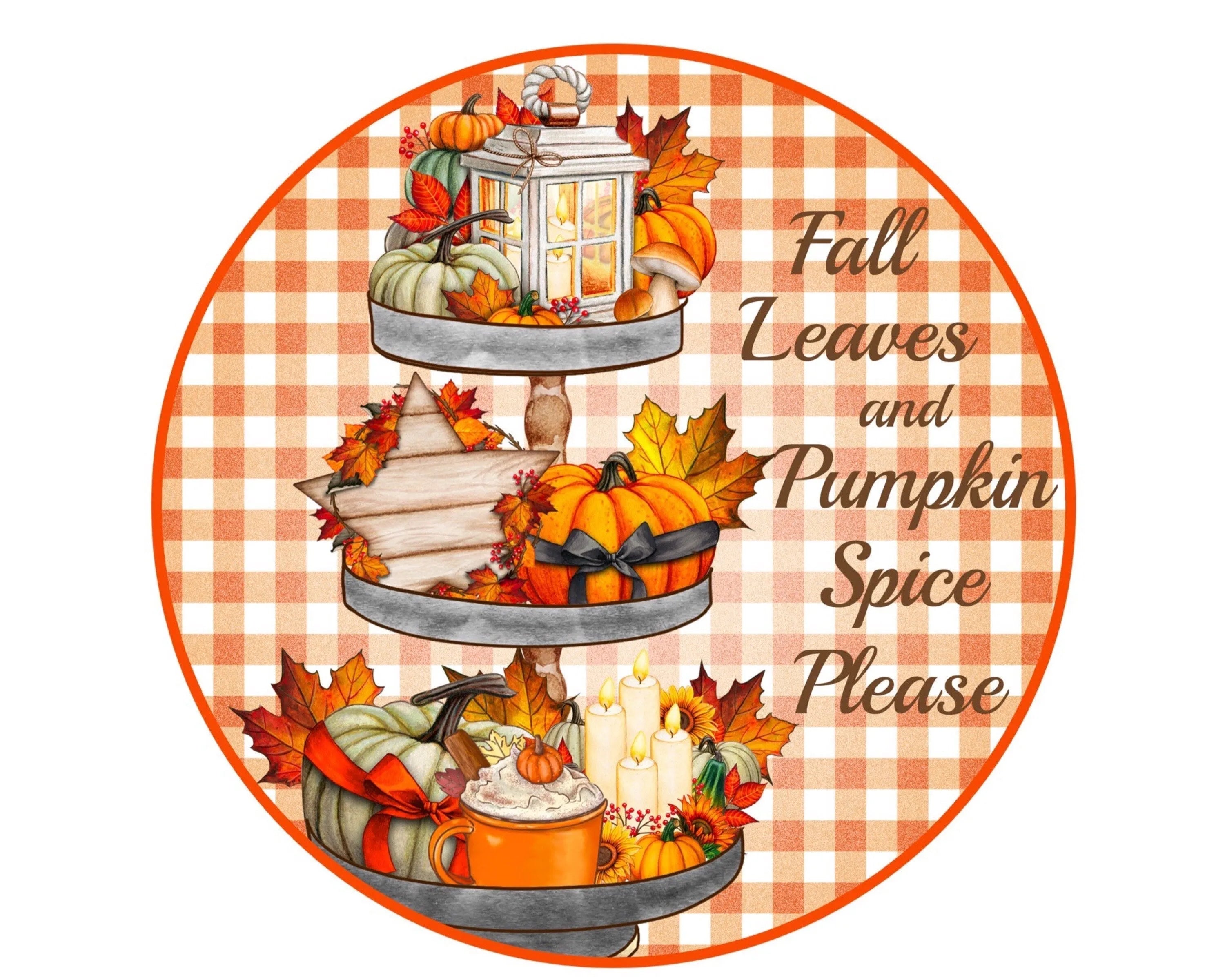 Fall Tiered Tray Wreath Sign, tiered tray collector, orange buffalo check sign, pumpkin spice sign, rustic fall sign, tiered tray sign