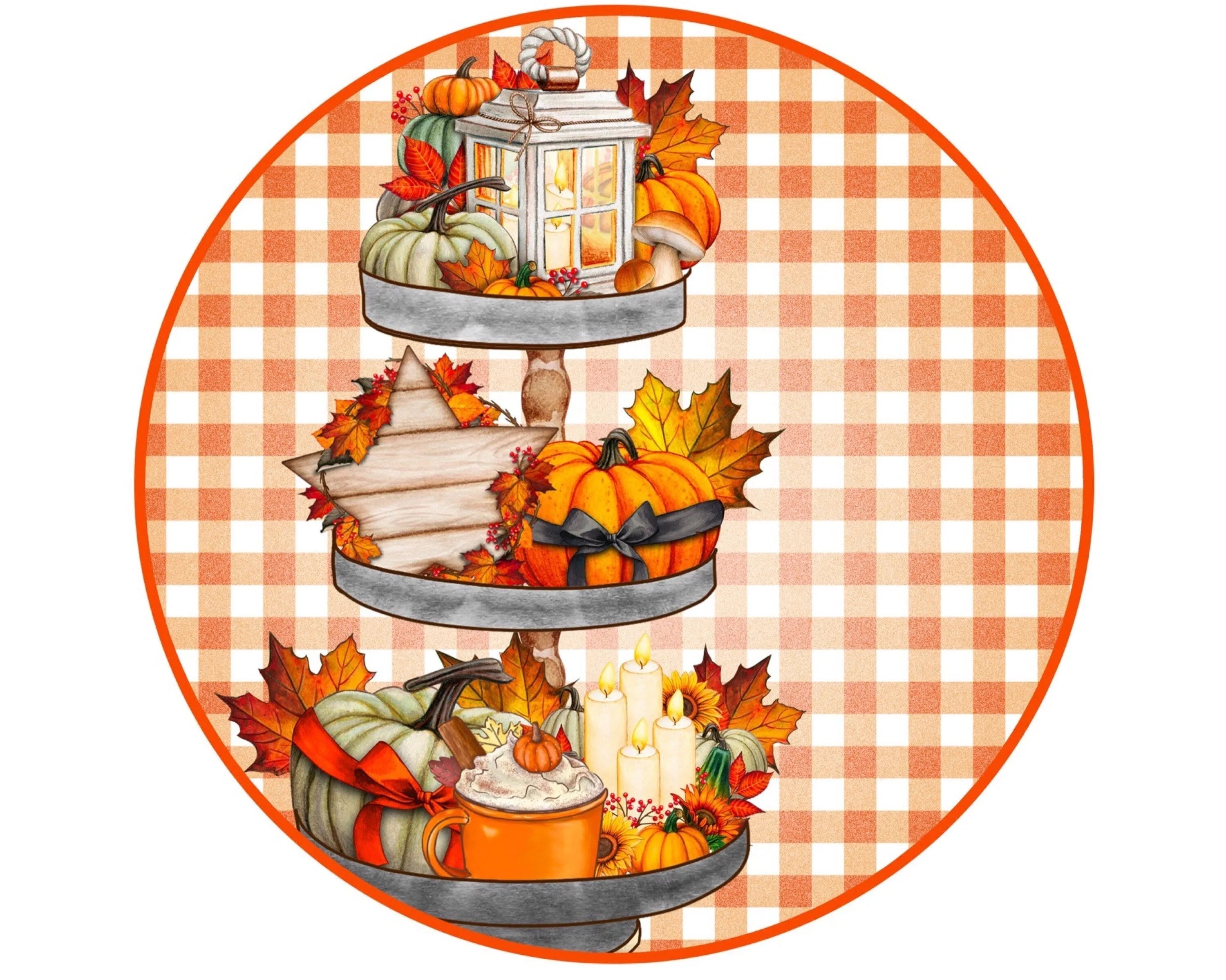 Fall Tiered Tray Wreath Sign, tiered tray collector, orange buffalo check sign, pumpkin spice sign, rustic fall sign, tiered tray sign