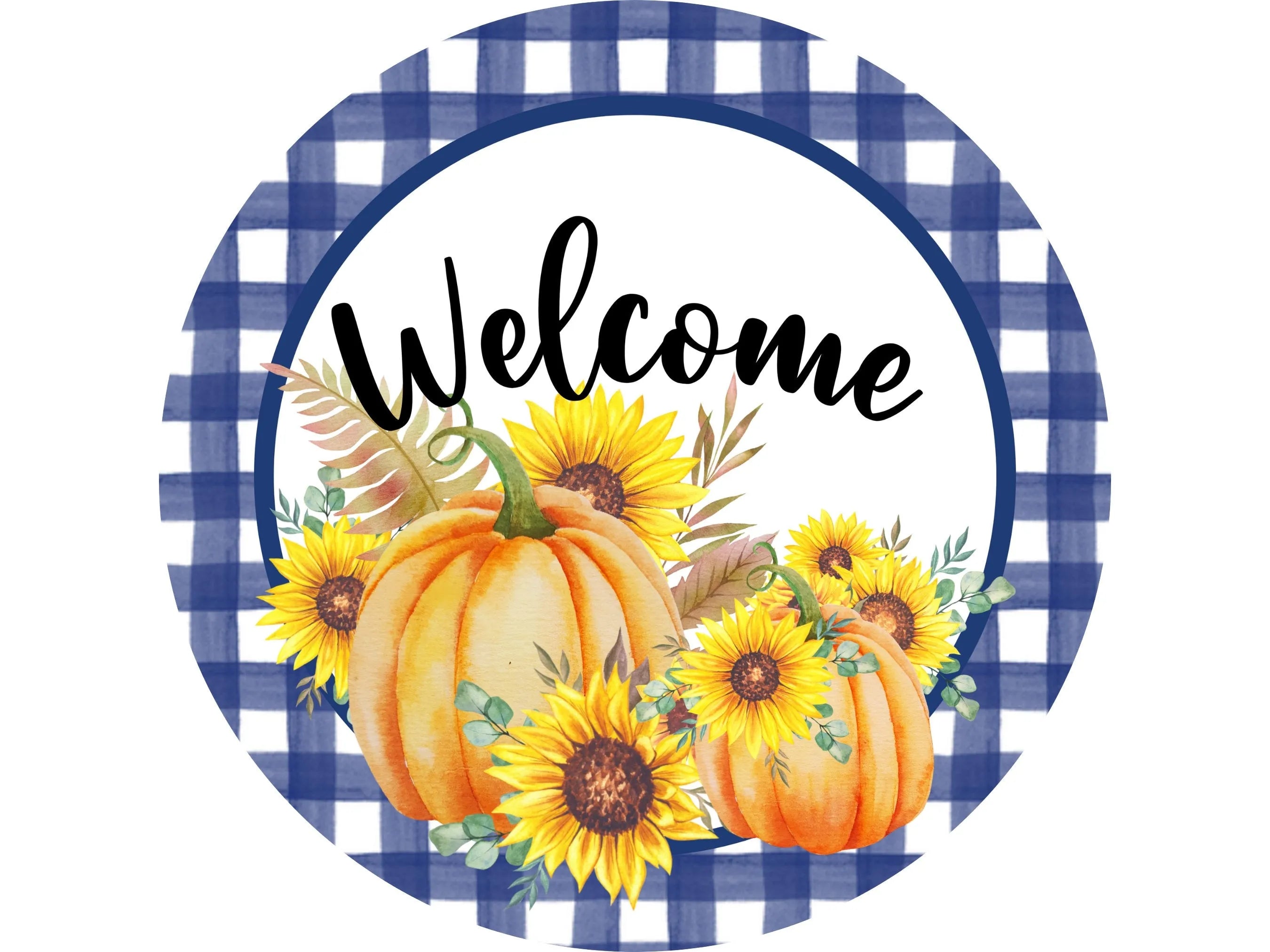 Fall Welcome Sign with Buffalo Check, Sunflowers and Pumpkins Door Decor, Blue and White Gingham Autumn Wreath, Rustic Farmhouse Entryway