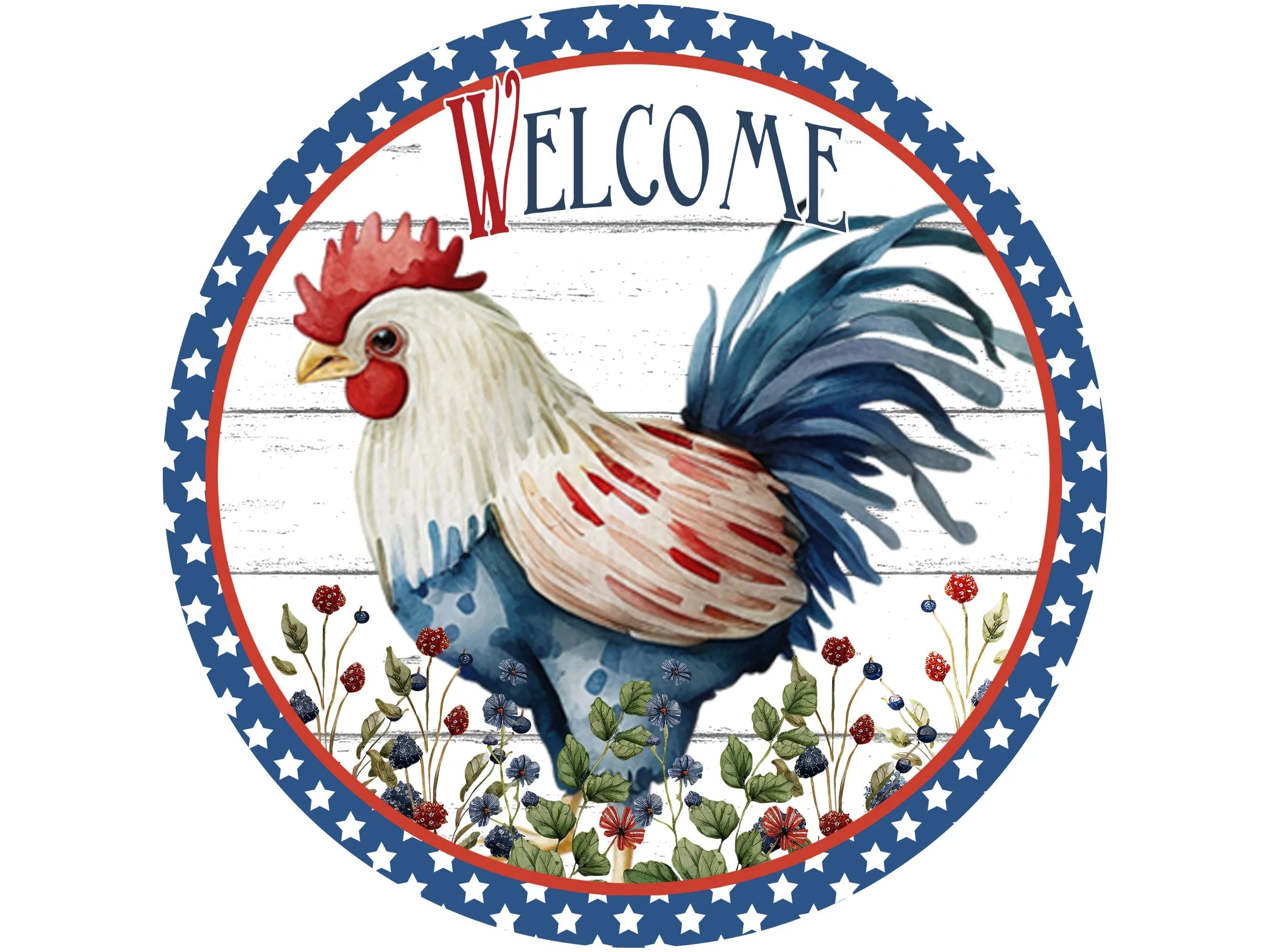 farmhouse patriotic chicken wreath sign, USA chicken sign, red white and blue chicken sign