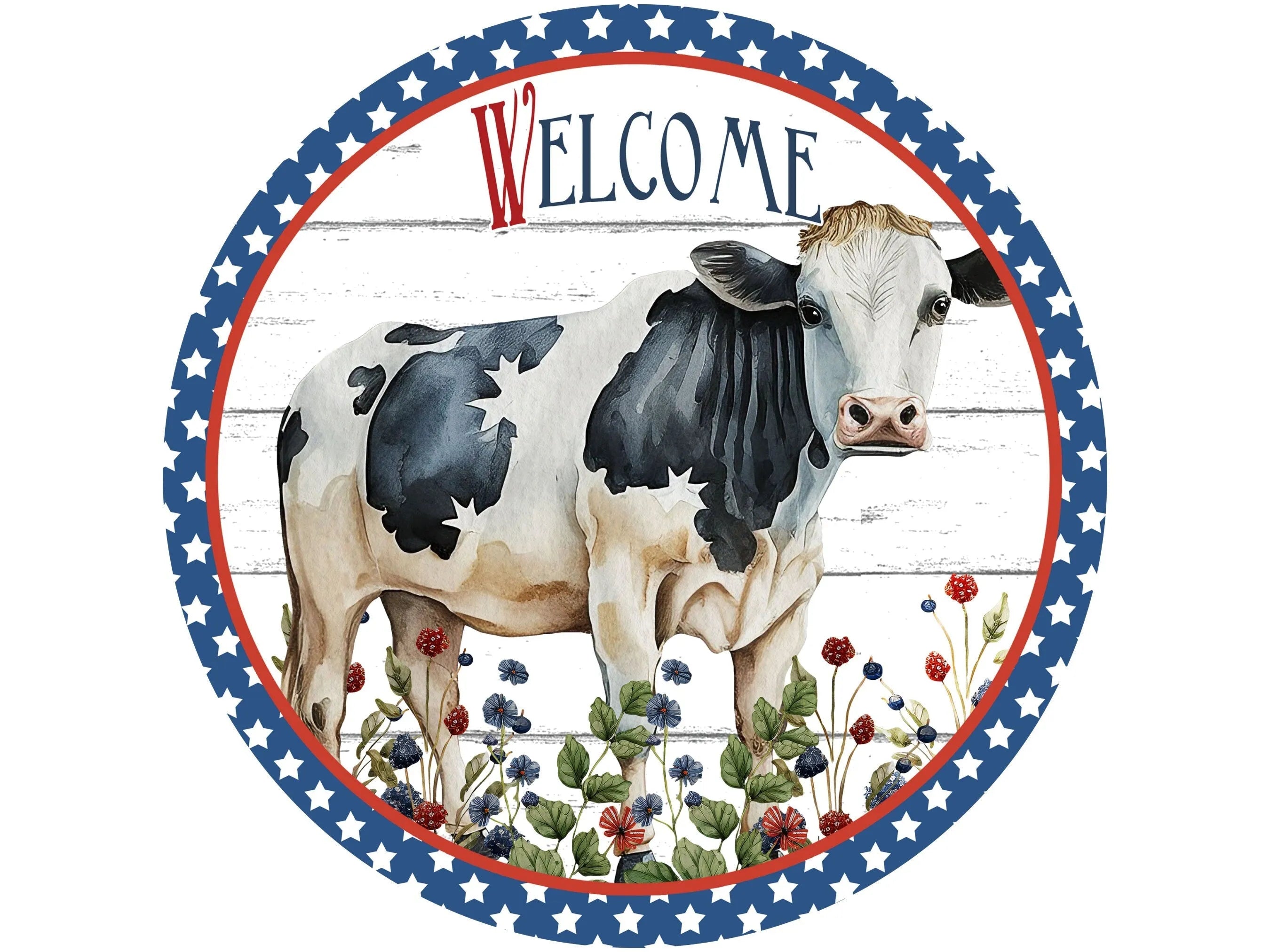 farmhouse patriotic cow wreath sign, cow sign, USA cow sign, red white and blue cow sign