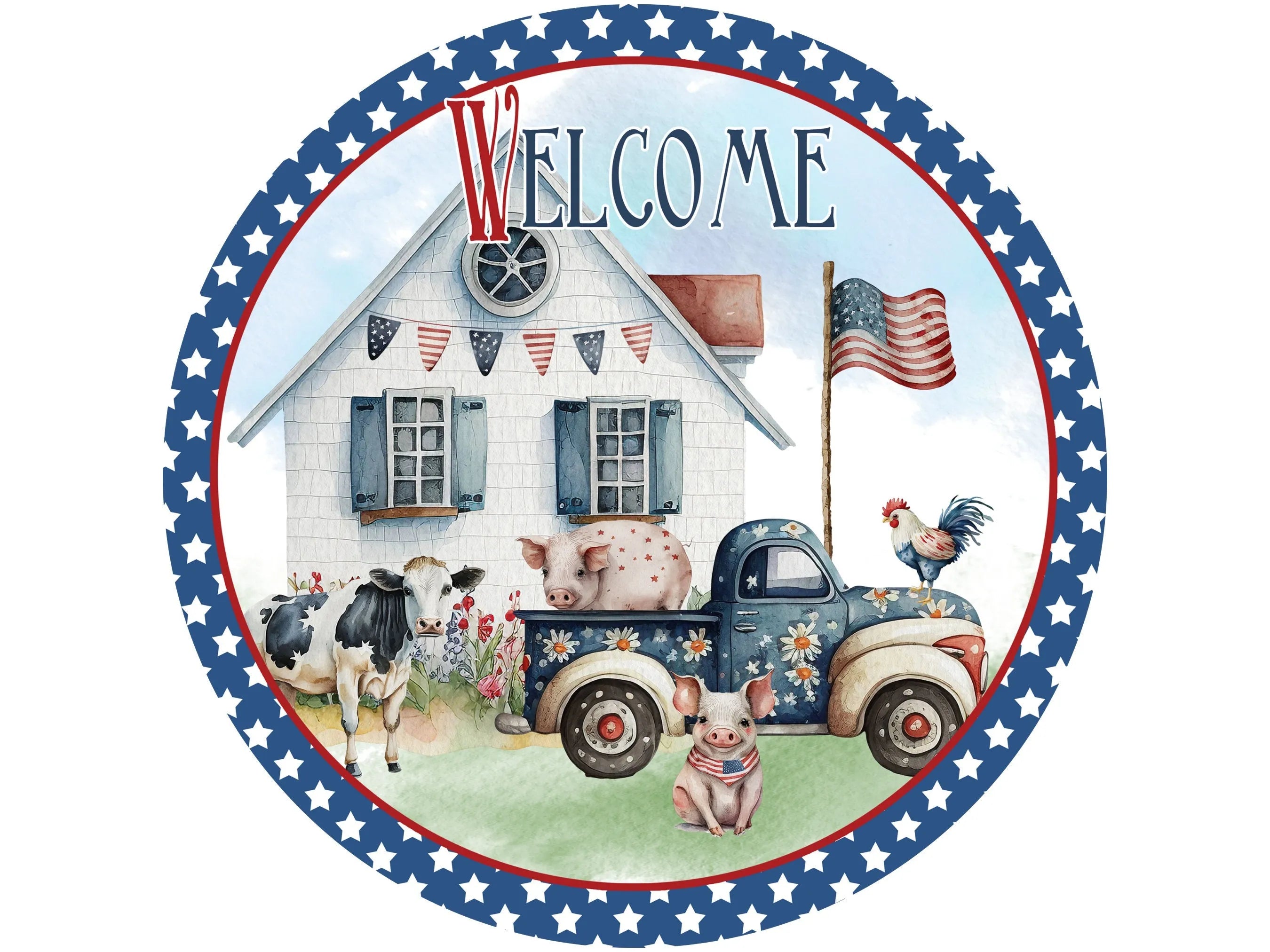 farmhouse patriotic farm scene wreath sign, farm with animals wall art, American farm sign, red white and blue farm sign