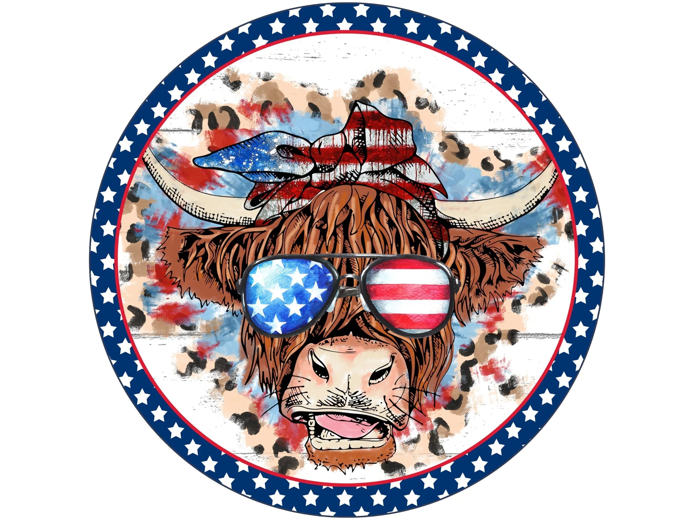 farmhouse patriotic highland cow wreath sign, highland cow sign, USA highland cow sign, red white and blue cow sign