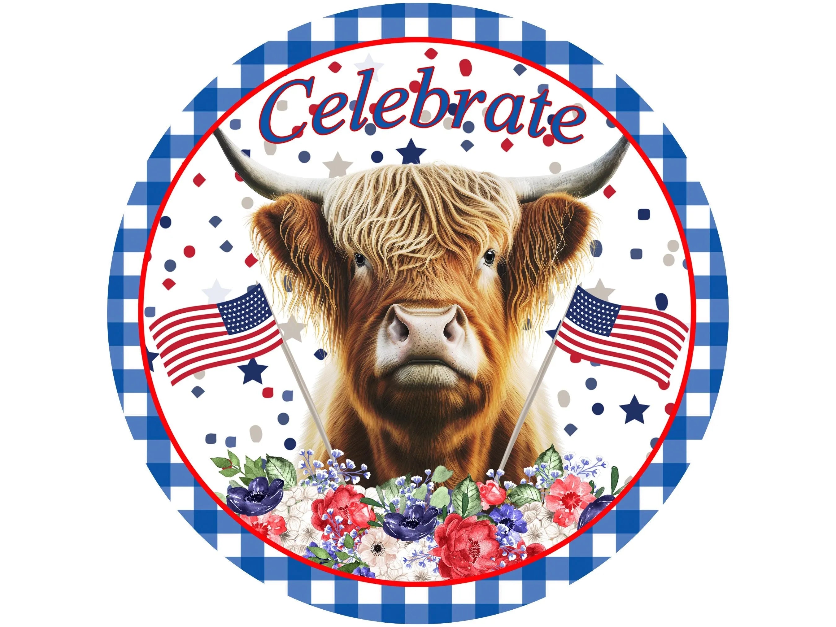 farmhouse patriotic highland cow wreath sign, highland cow sign, USA highland cow sign, red white and blue cow sign