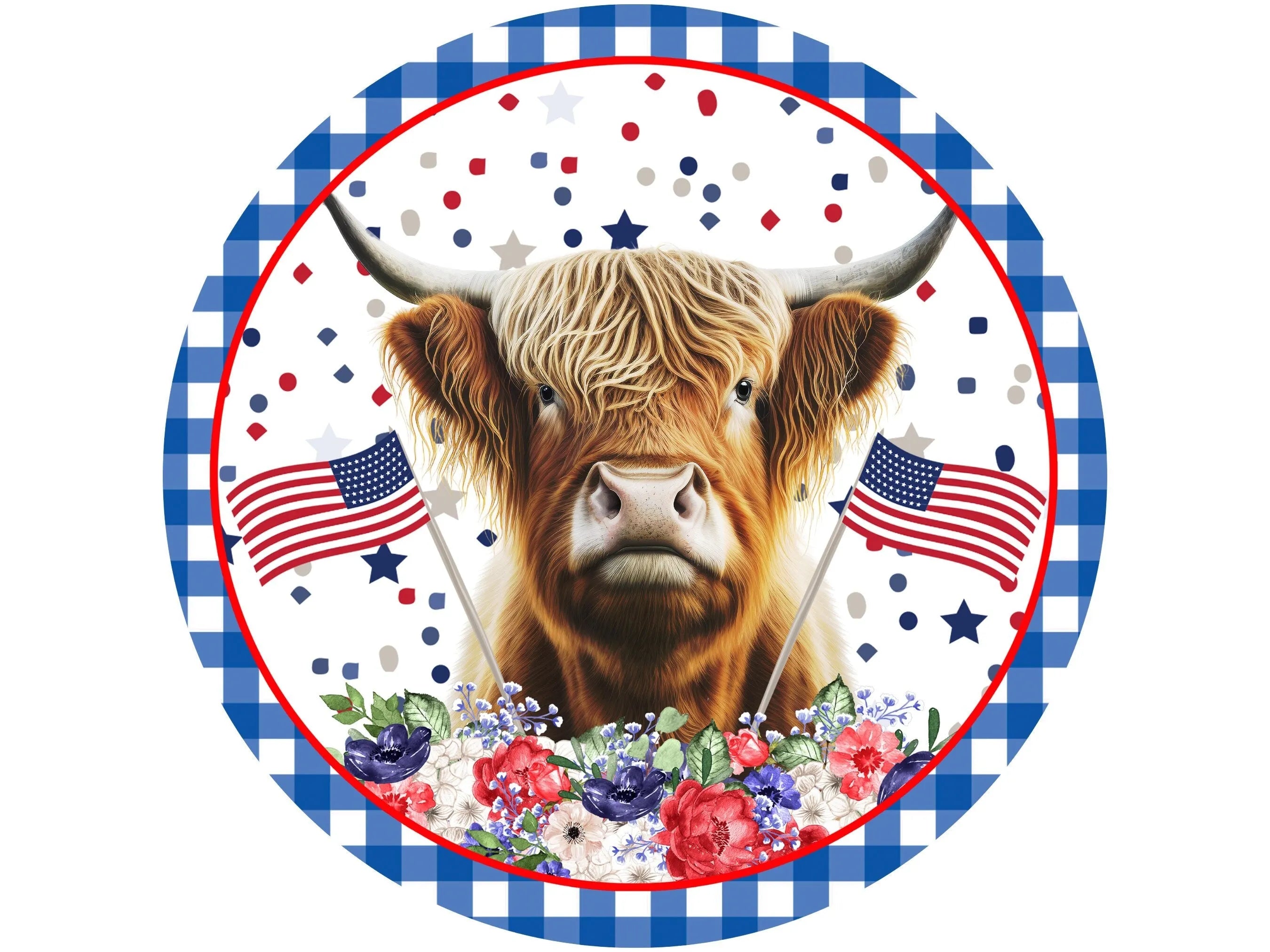 farmhouse patriotic highland cow wreath sign, highland cow sign, USA highland cow sign, red white and blue cow sign