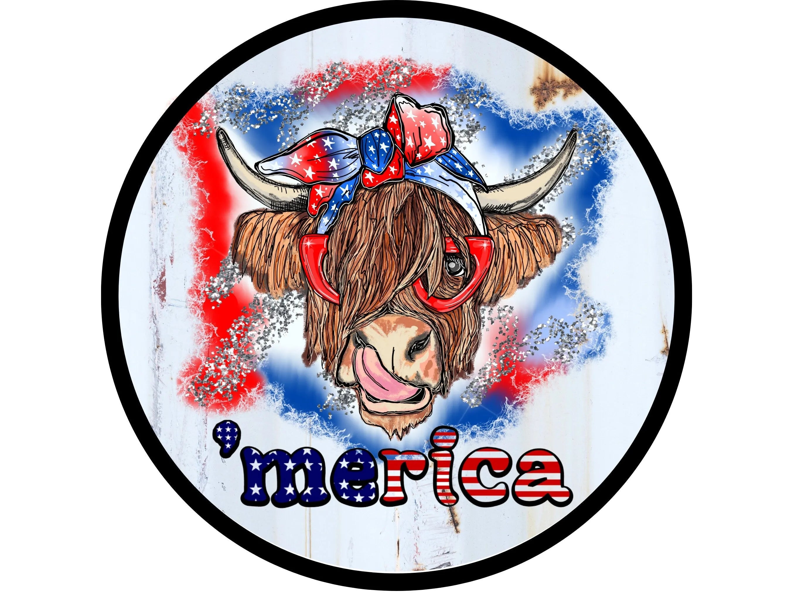 farmhouse patriotic highland cow wreath sign, highland cow sign, USA highland cow sign, red white and blue cow sign