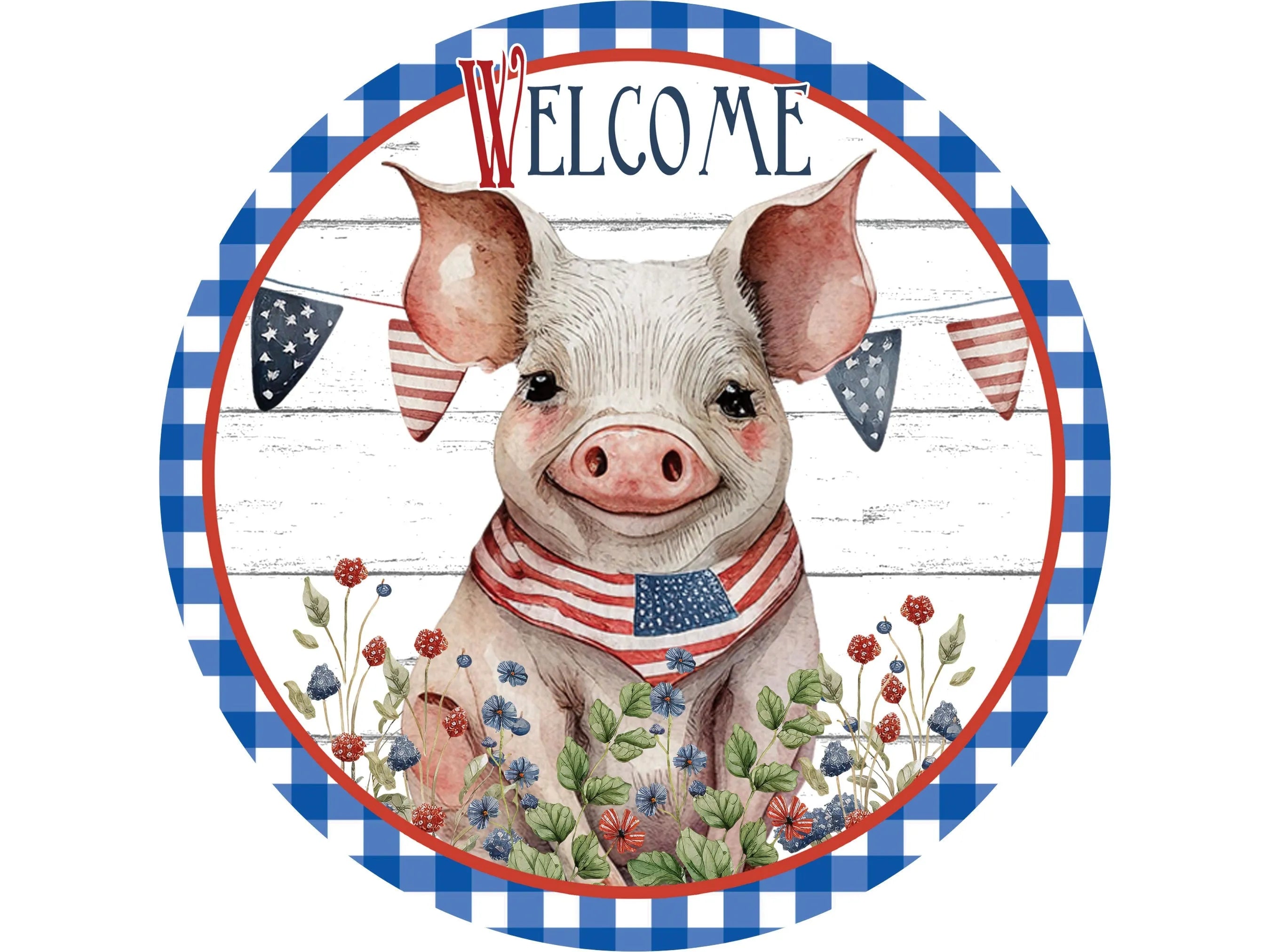 farmhouse patriotic pig wreath sign, pig sign, USA pig sign, red white and blue pig sign