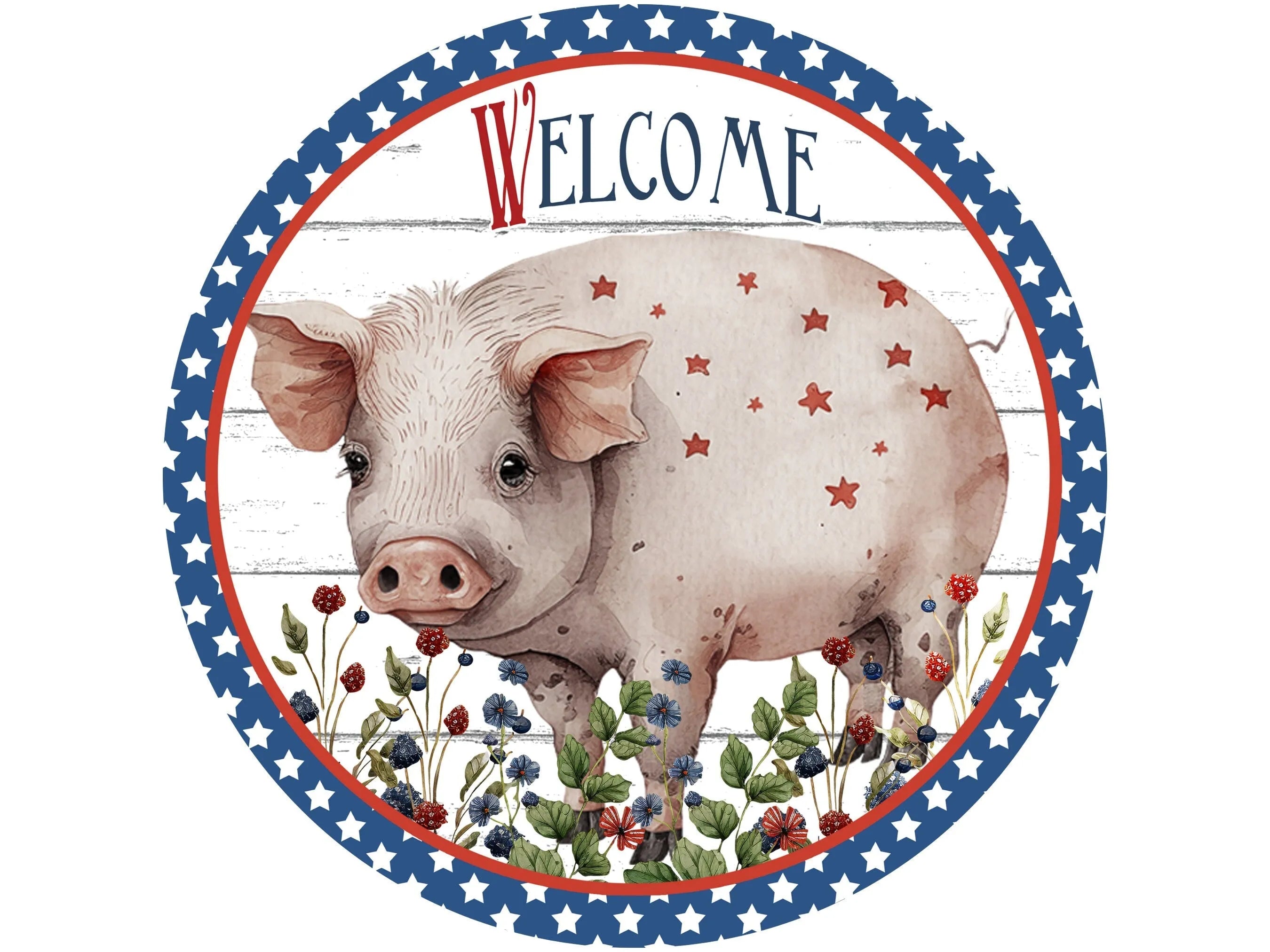 farmhouse patriotic pig wreath sign, pig sign, USA pig sign, red white and blue pig sign