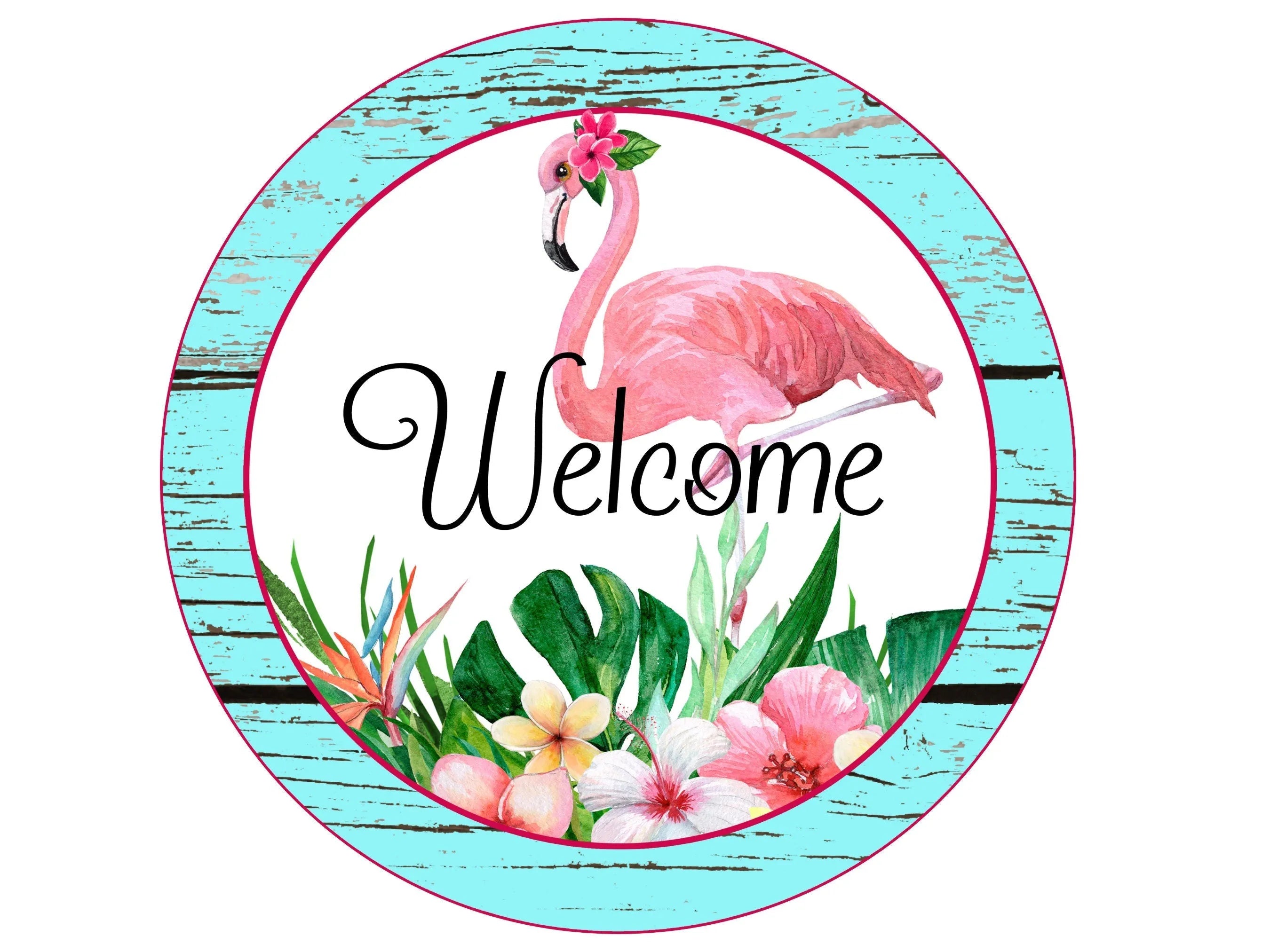 farmhouse pink flamingo standing in palm leaves and flowers, pink flamingo wall art, flamingo sign for the beach house