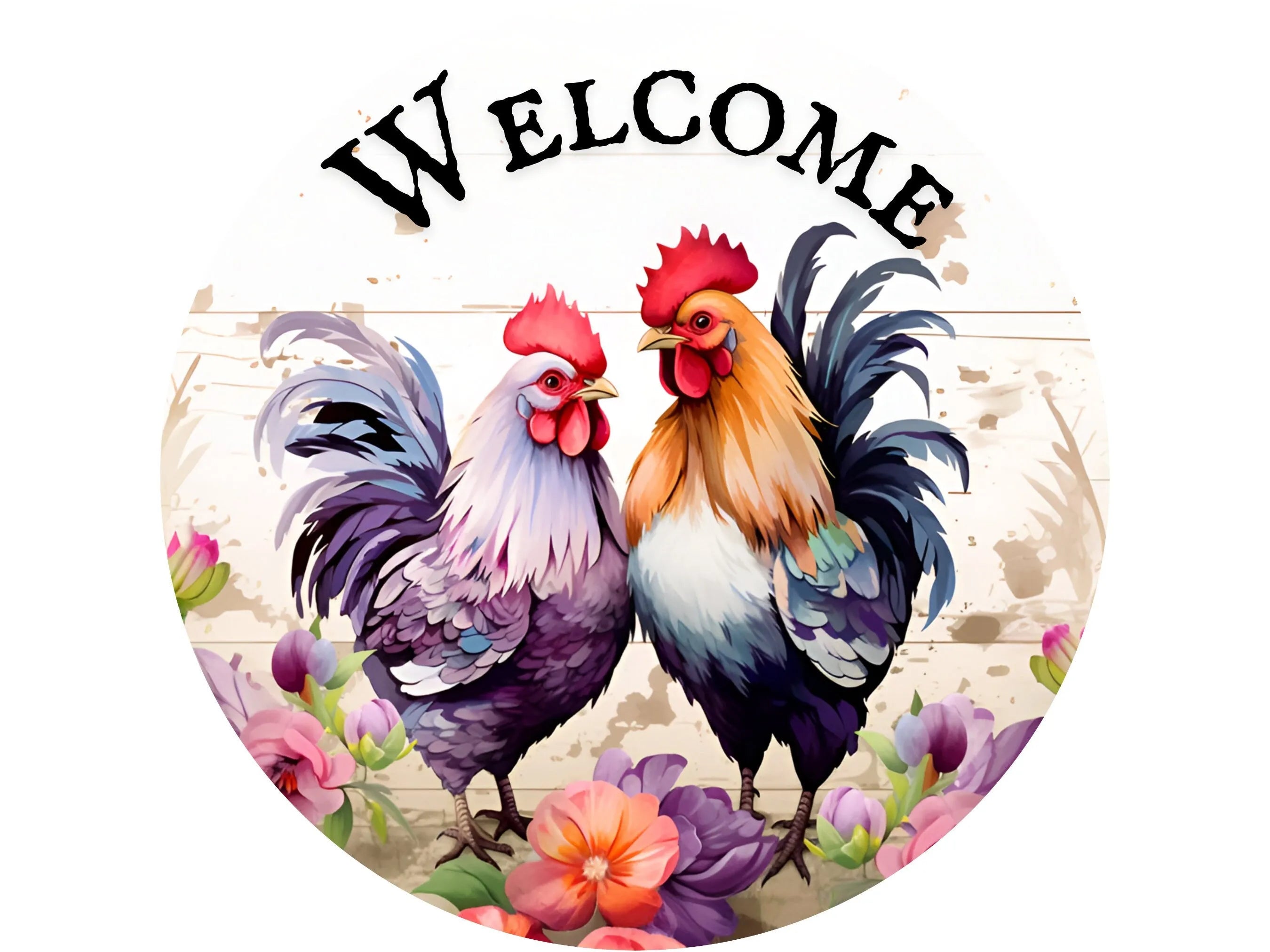 farmhouse roosters welcome wreath sign, rooster farm life sign, rooster couple wall art