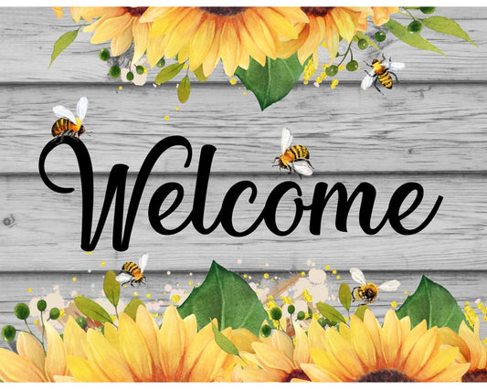 Farmhouse shiplap welcome sunflower wreath sign with bees, yellow sunflower honey bees wreath attachment