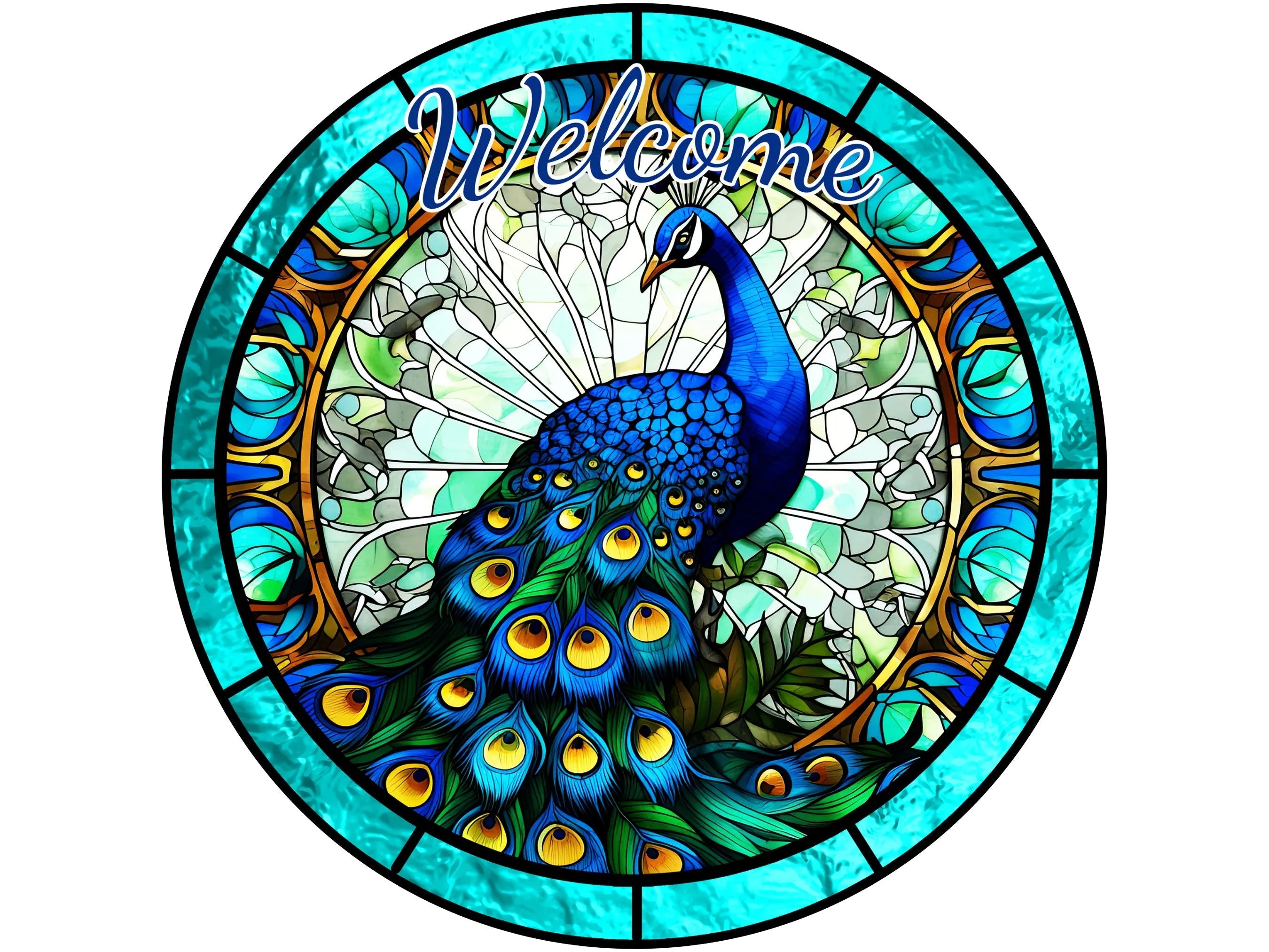 faux stained glass peacock welcome wreath sign, sign for everyday, sign for peacock lover