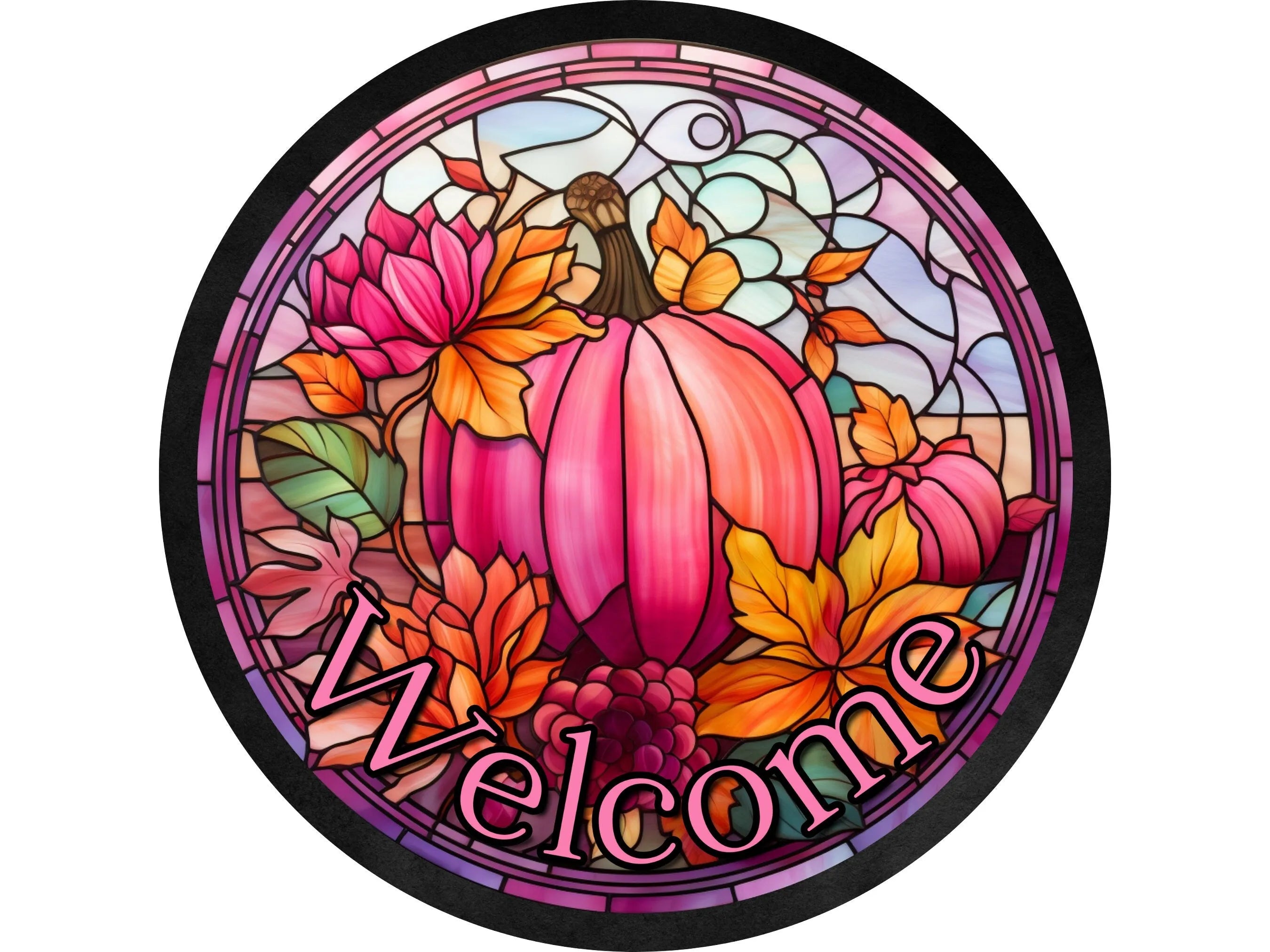 Faux Stained Glass Pumpkin Welcome Sign, Pink Fall Decor, Metal Autumn Wall Art, Faux Church Window Autumn Door Sign