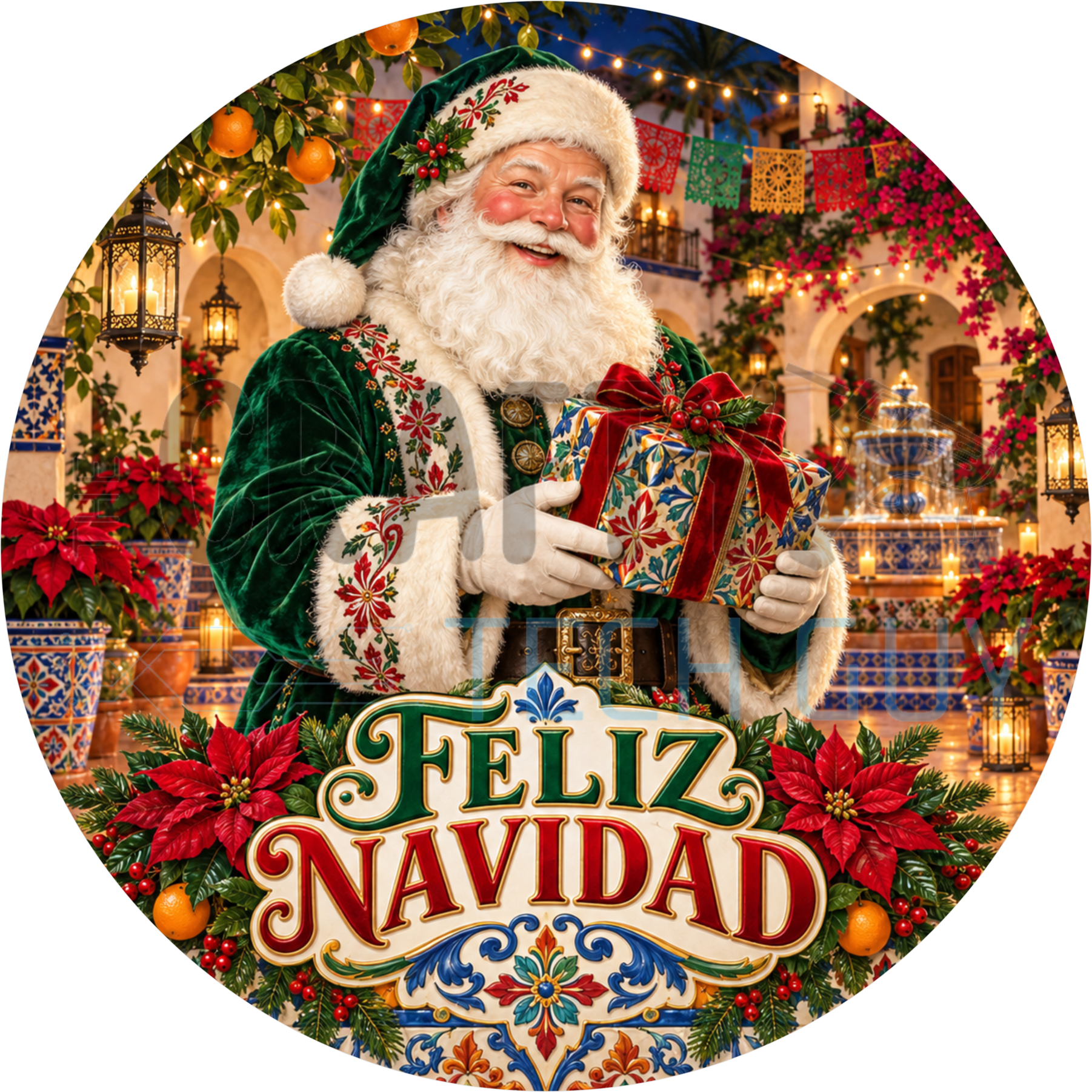 Feliz Navidad round wreath sign with a green-suited Santa holding a tile-wrapped gift in a Spanish colonial courtyard with papel picado and poinsettias