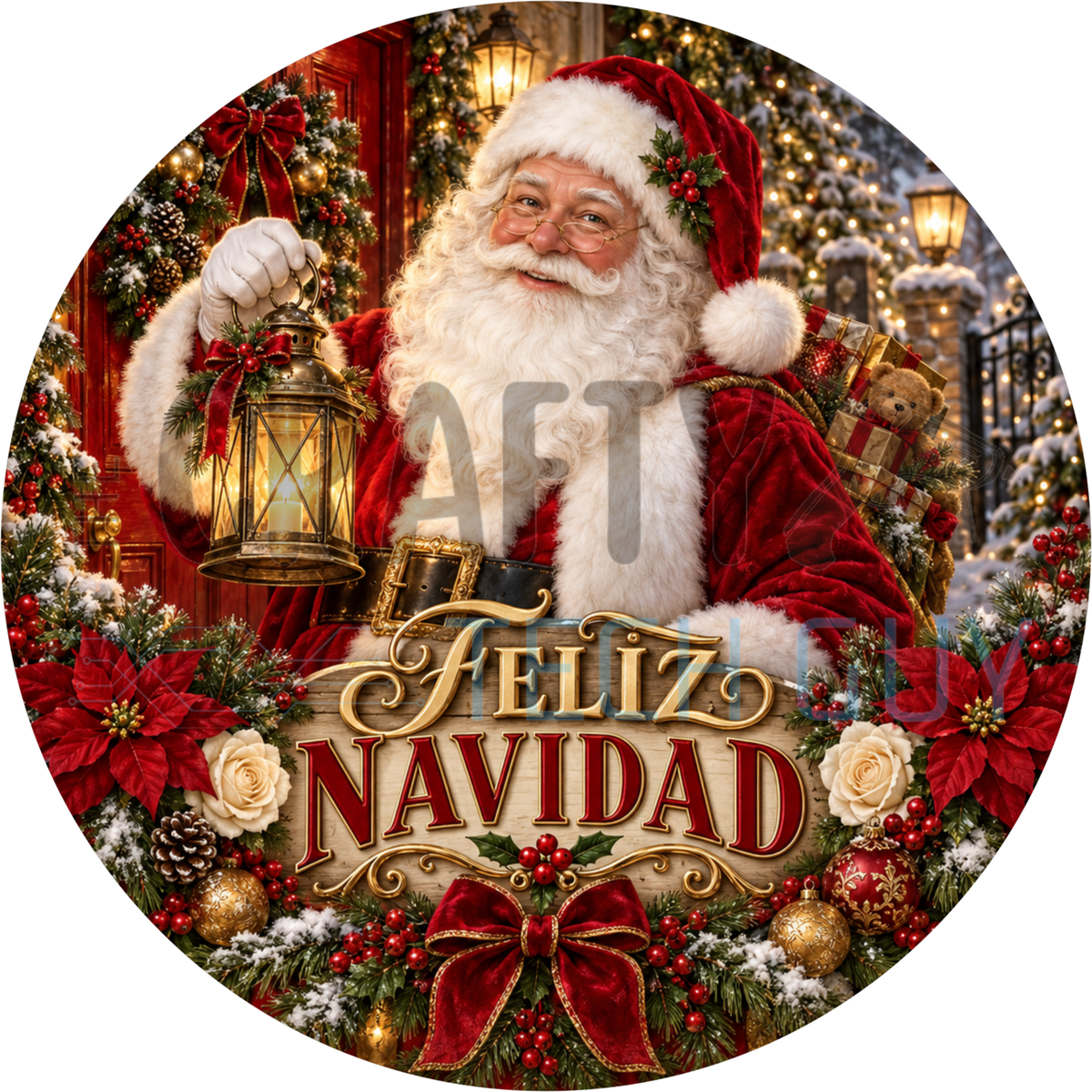 Feliz Navidad round wreath sign with a red-suited Santa holding a lit lantern and gift sack on a snowy porch with poinsettias