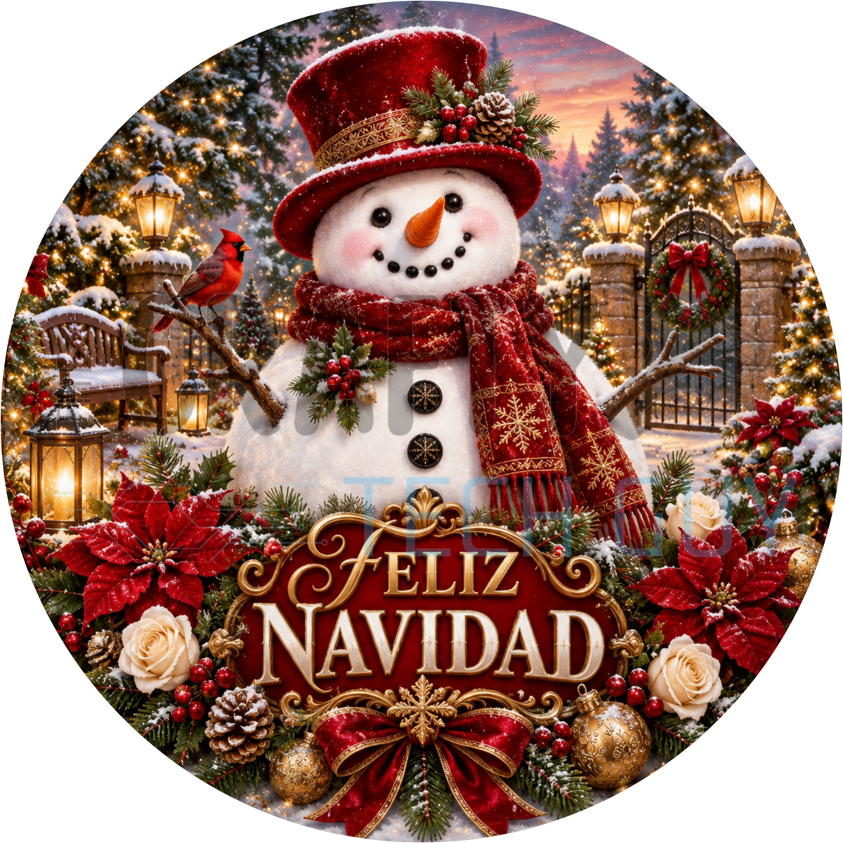 Feliz Navidad round wreath sign with a snowman in a red top hat and scarf, a cardinal on his arm and poinsettias in a snowy park