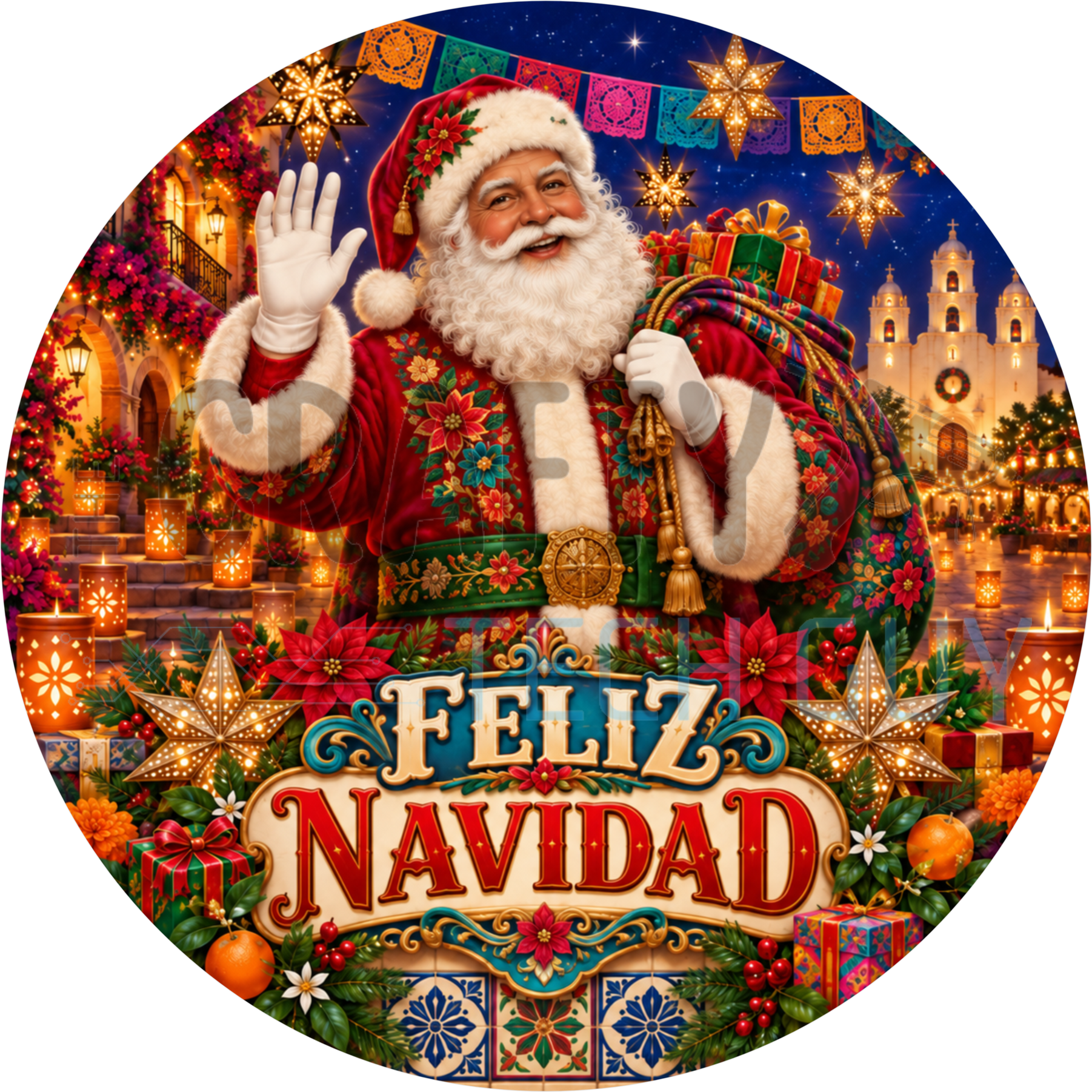 Feliz Navidad round wreath sign with a waving Santa in embroidered red, papel picado banners, star lanterns and a colonial church at night