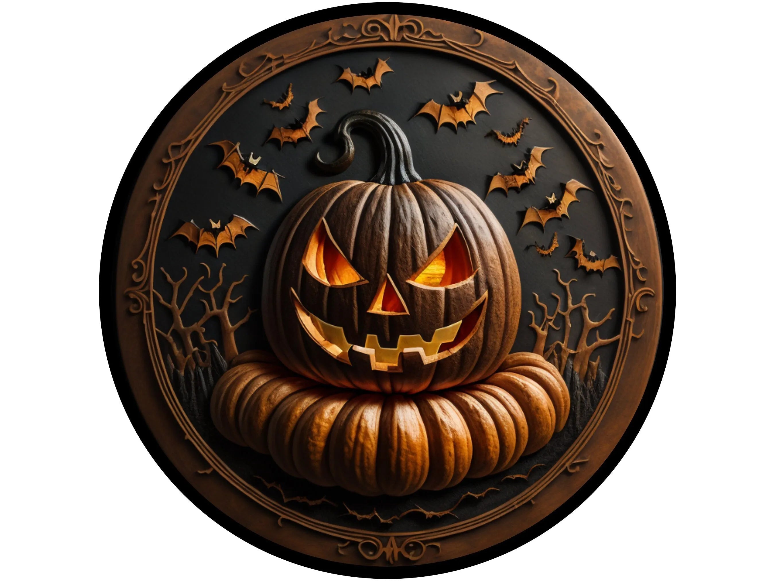 flat metal 3D looking "wood carved" style Halloween jack-o-lantern wreath sign, sign for Halloween, sign for October