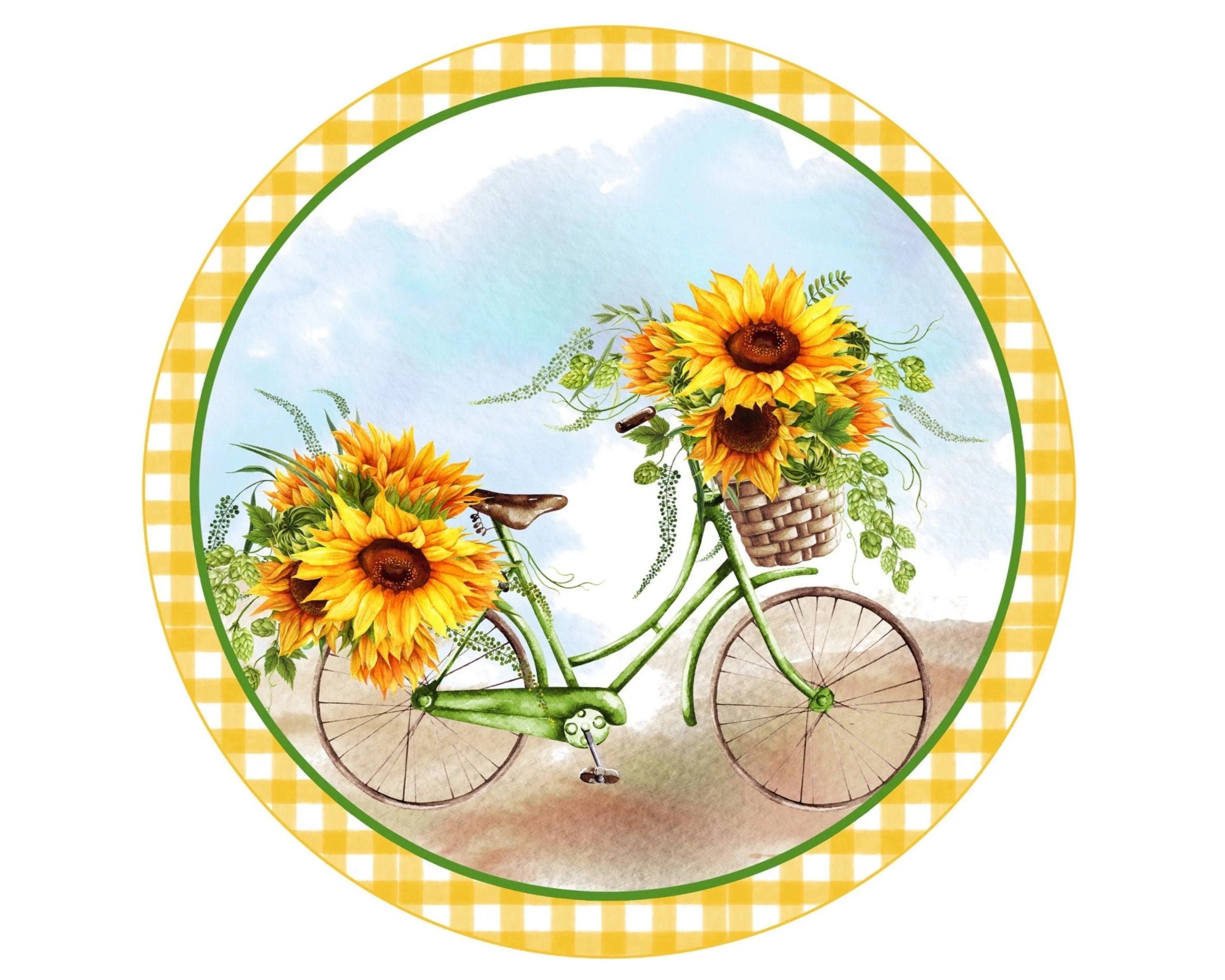 Floral Bicycle Wreath Sign, antique bicycle sign, sunflower wreath attachment, bicycle collector, summer party decor, sunflower collector