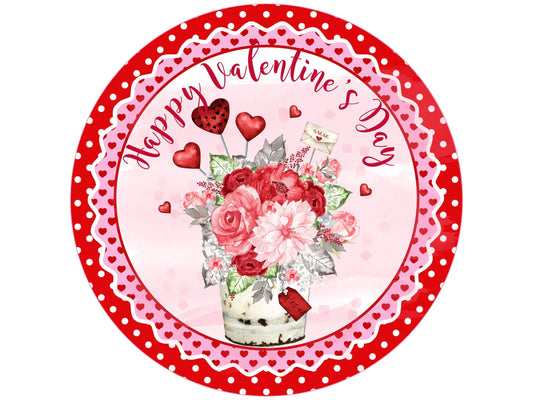 floral bouquet happy valentine's day wreath sign, flowers and hearts hearts valentine's day wall art, roses and hearts wreath sign