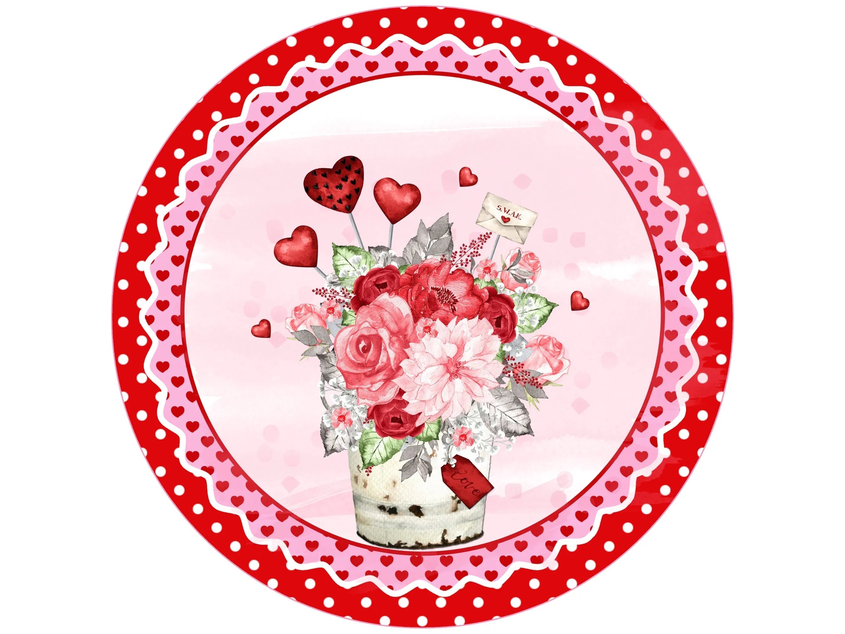 floral bouquet happy valentine's day wreath sign, flowers and hearts hearts valentine's day wall art, roses and hearts wreath sign