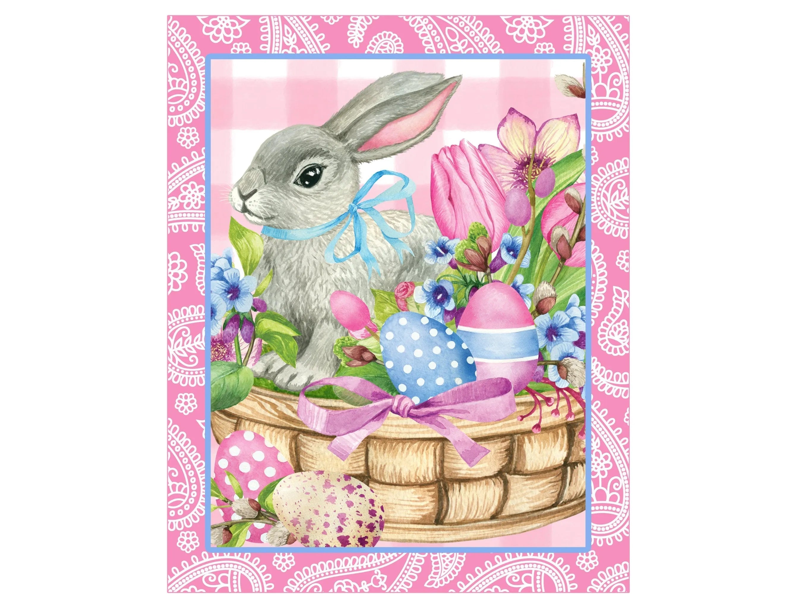 floral bunny in a basket with decorated eggs Easter wreath sign, Easter bunny in basket sign, Easter egg basket sign