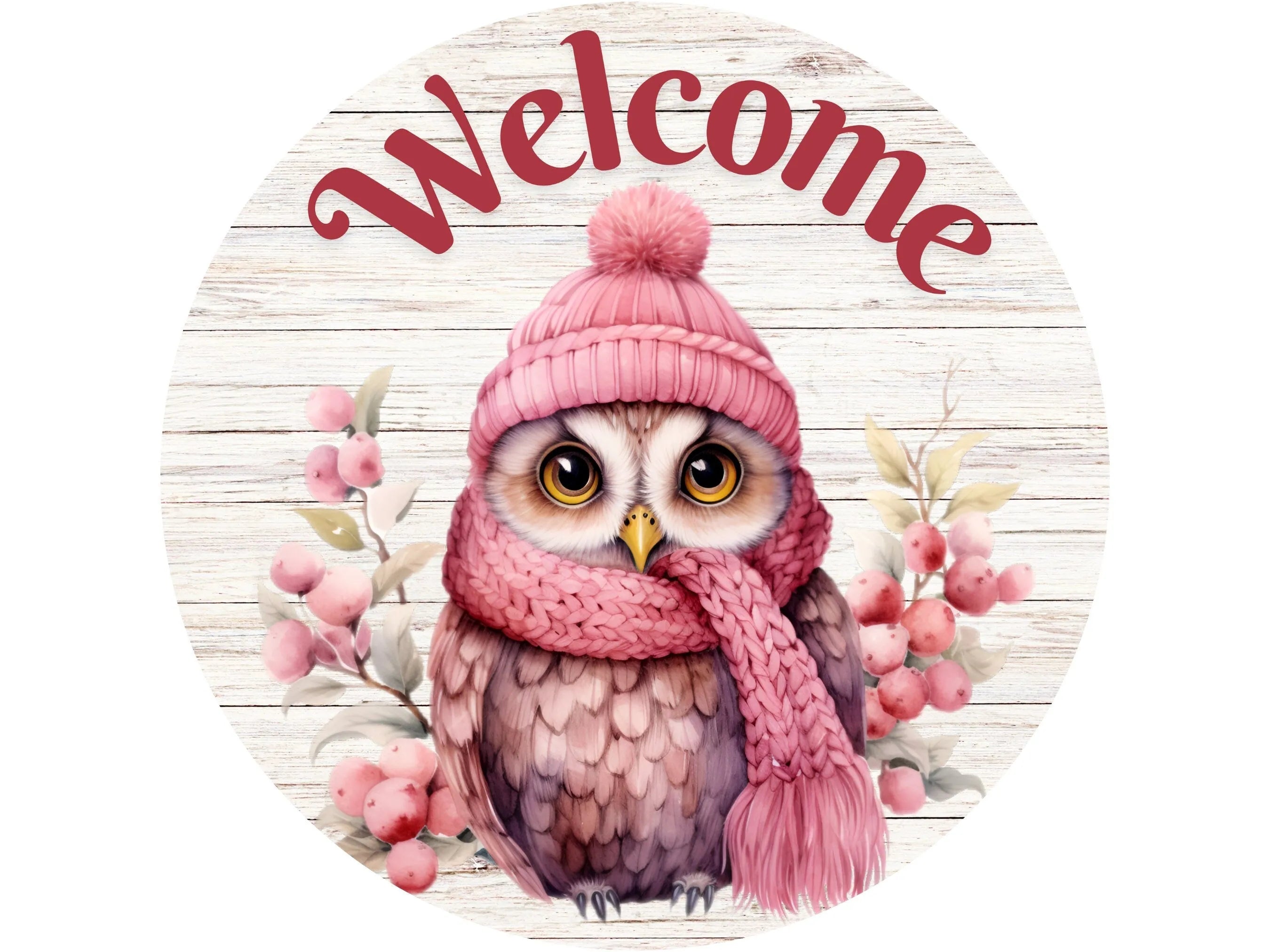 floral pink Christmas baby owl wreath sign, sign for winter, sign for Christmas, sign for cat lover