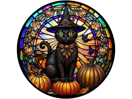 floral stained glass black cat pumpkin Halloween wreath sign, creepy cat church window October 31 sign for front door