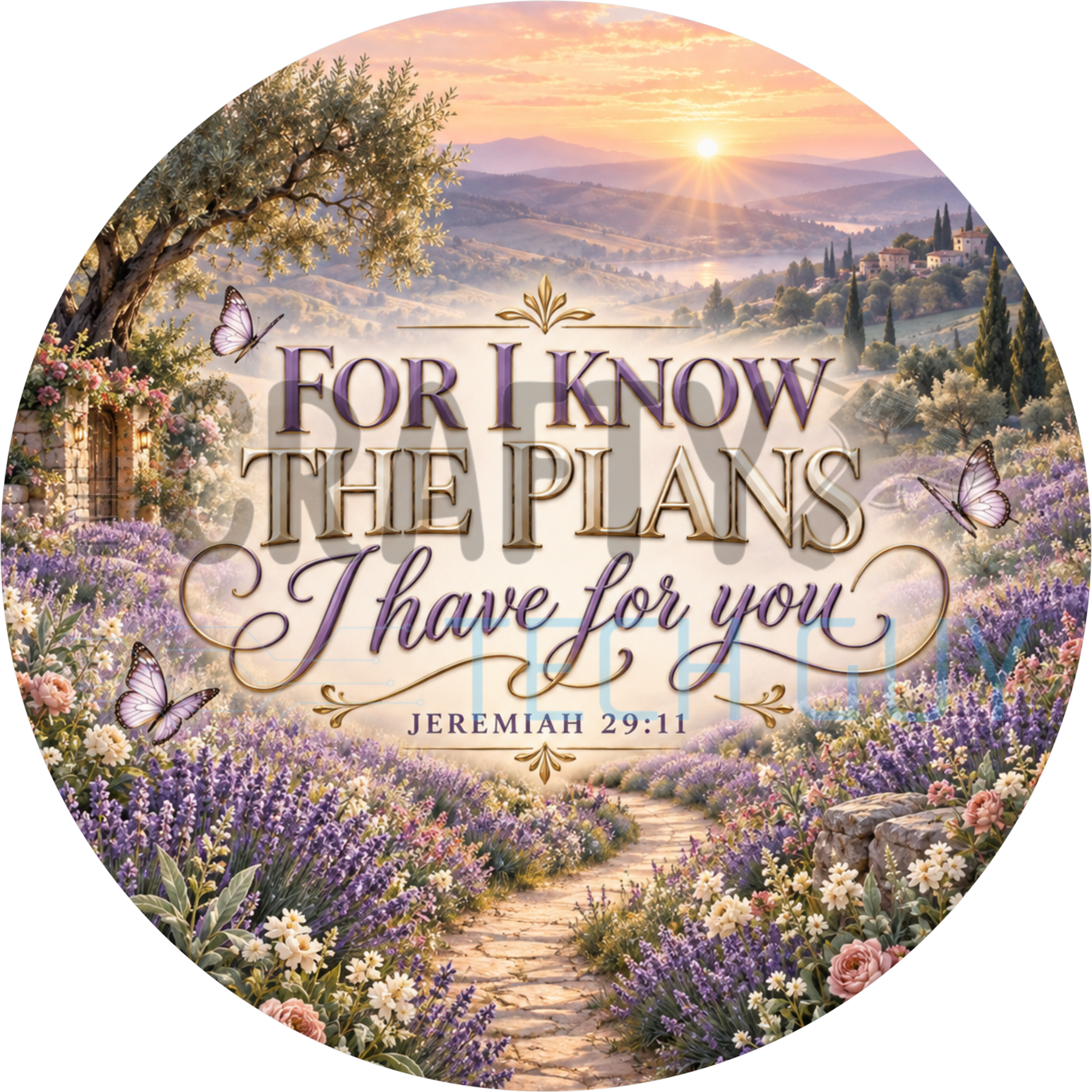 For I Know The Plans I Have For You Jeremiah 29:11 round wreath sign with a lavender field, stone path, rose arch and hilltop village