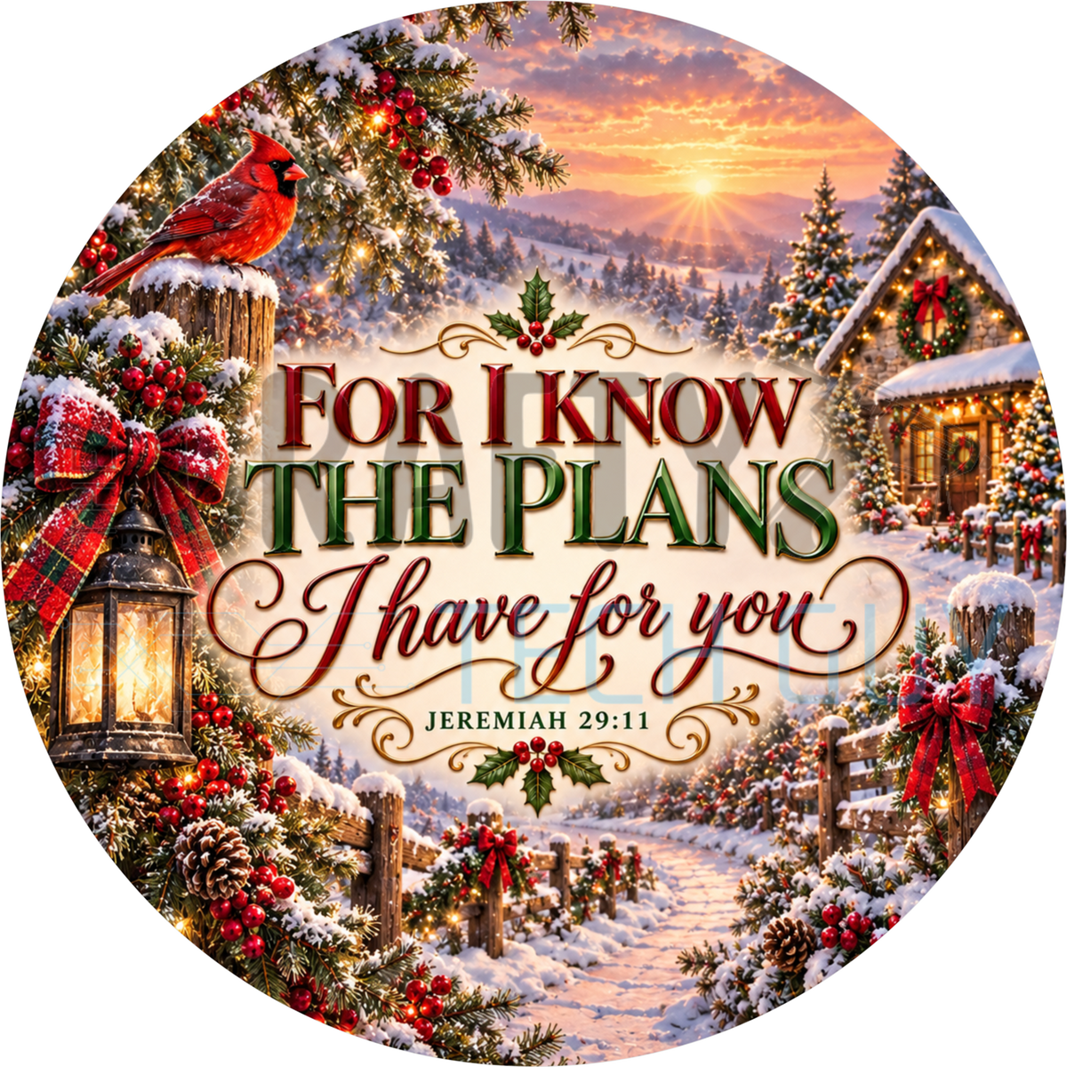 For I Know The Plans I Have For You Jeremiah 29:11 Christmas round wreath sign with a red cardinal on a fence post, glowing lantern, plaid bow and a snowy village at sunrise