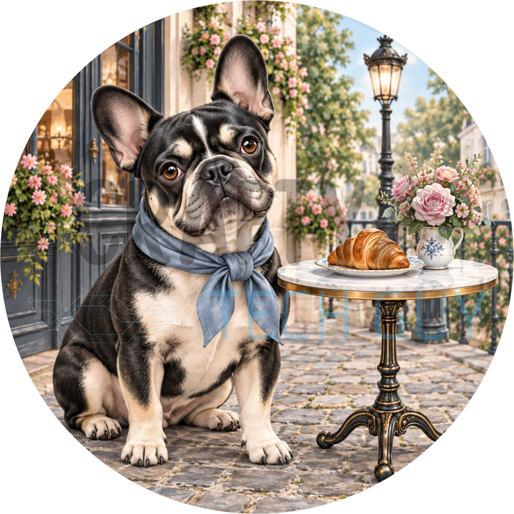 Pied French bulldog round wreath sign in a blue neckerchief outside a Paris cafe with a marble table, croissant and pink roses