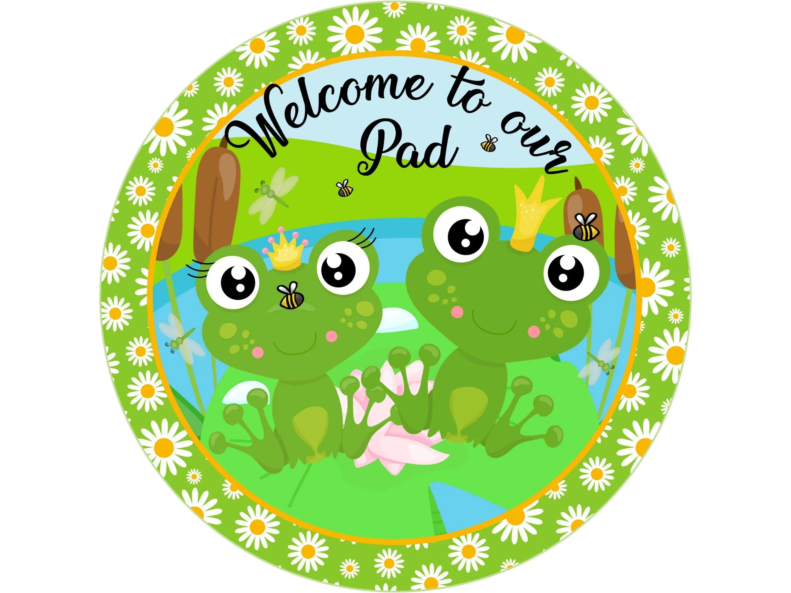 frogs on a mushroom in a pond welcome wreath sign, spring toads on a toad stool by water wall art