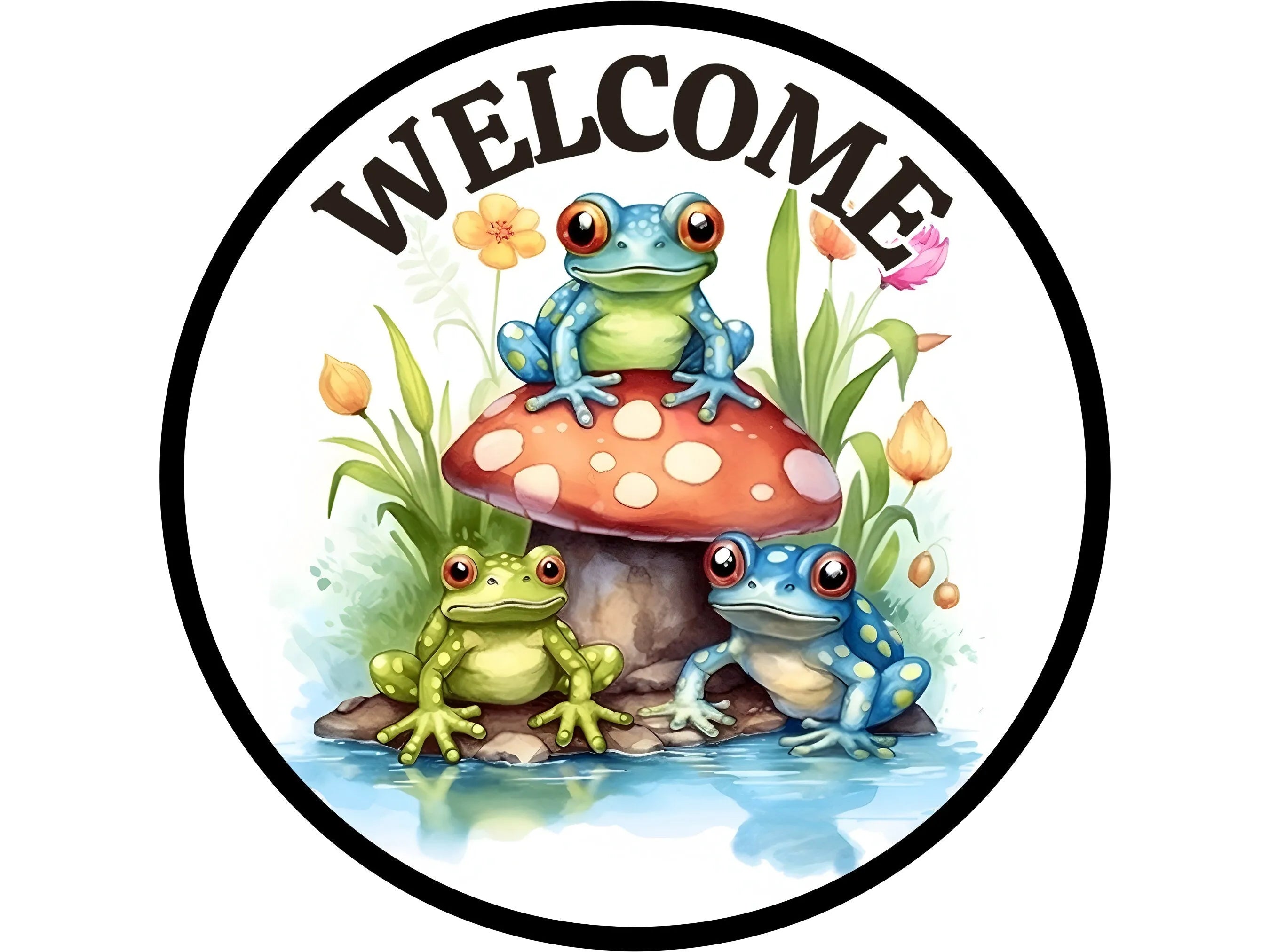 frogs on a mushroom in a pond welcome wreath sign, spring toads on a toad stool by water wall art