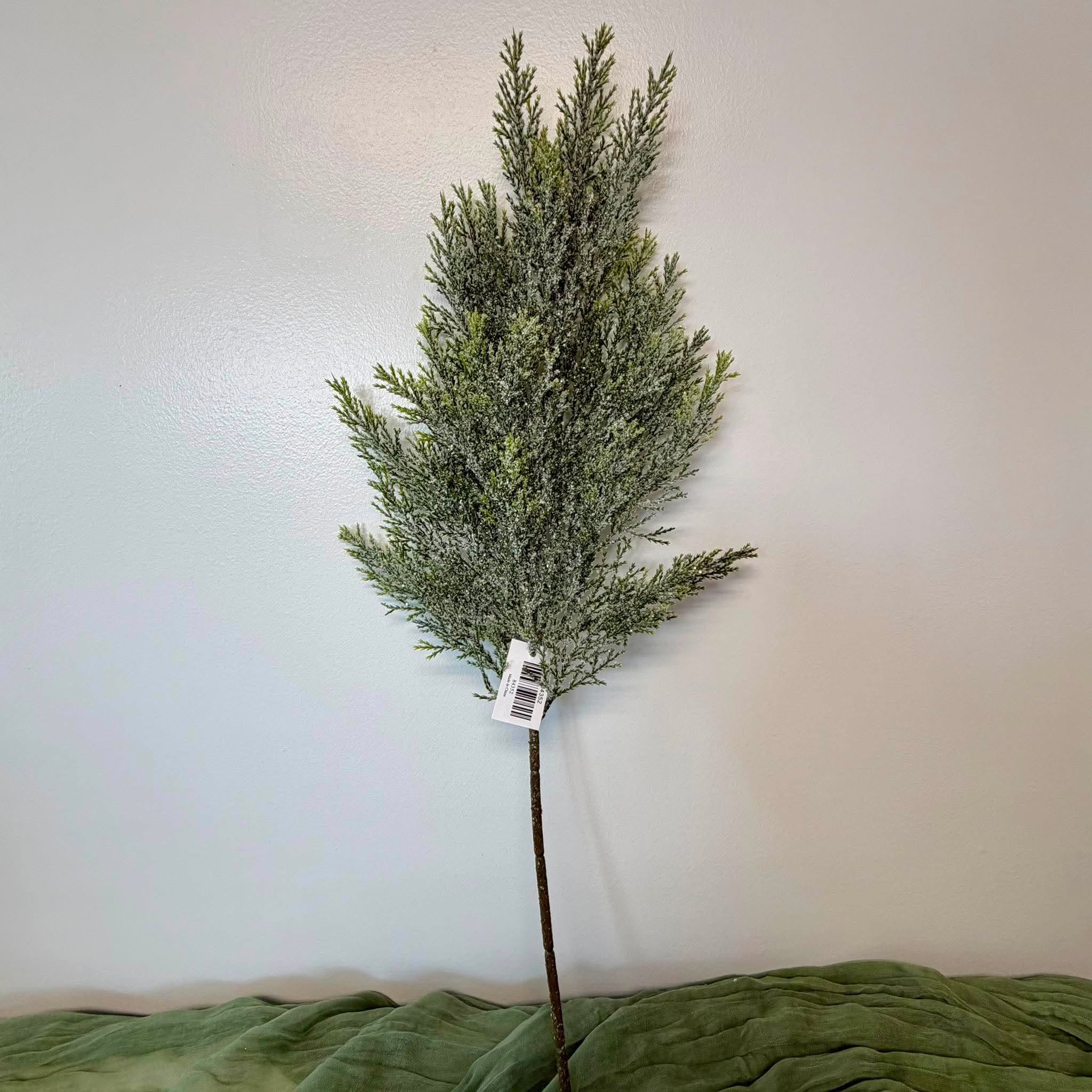26 Inch Frosted Glittered Cedar Spray with Snow Dusted Sage Green Foliage