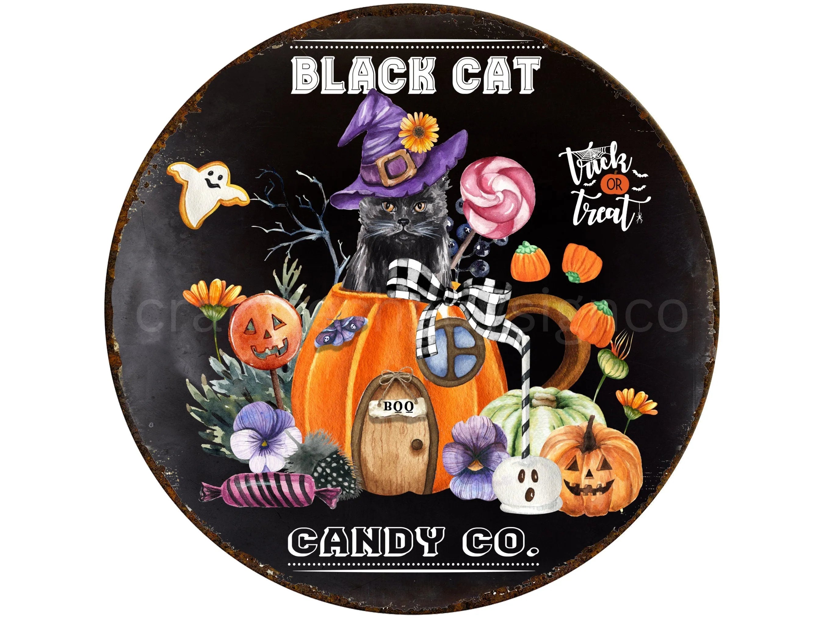 fun black cat candy company Happy Halloween sign, wreath sign for Halloween with black cat and pumpkins