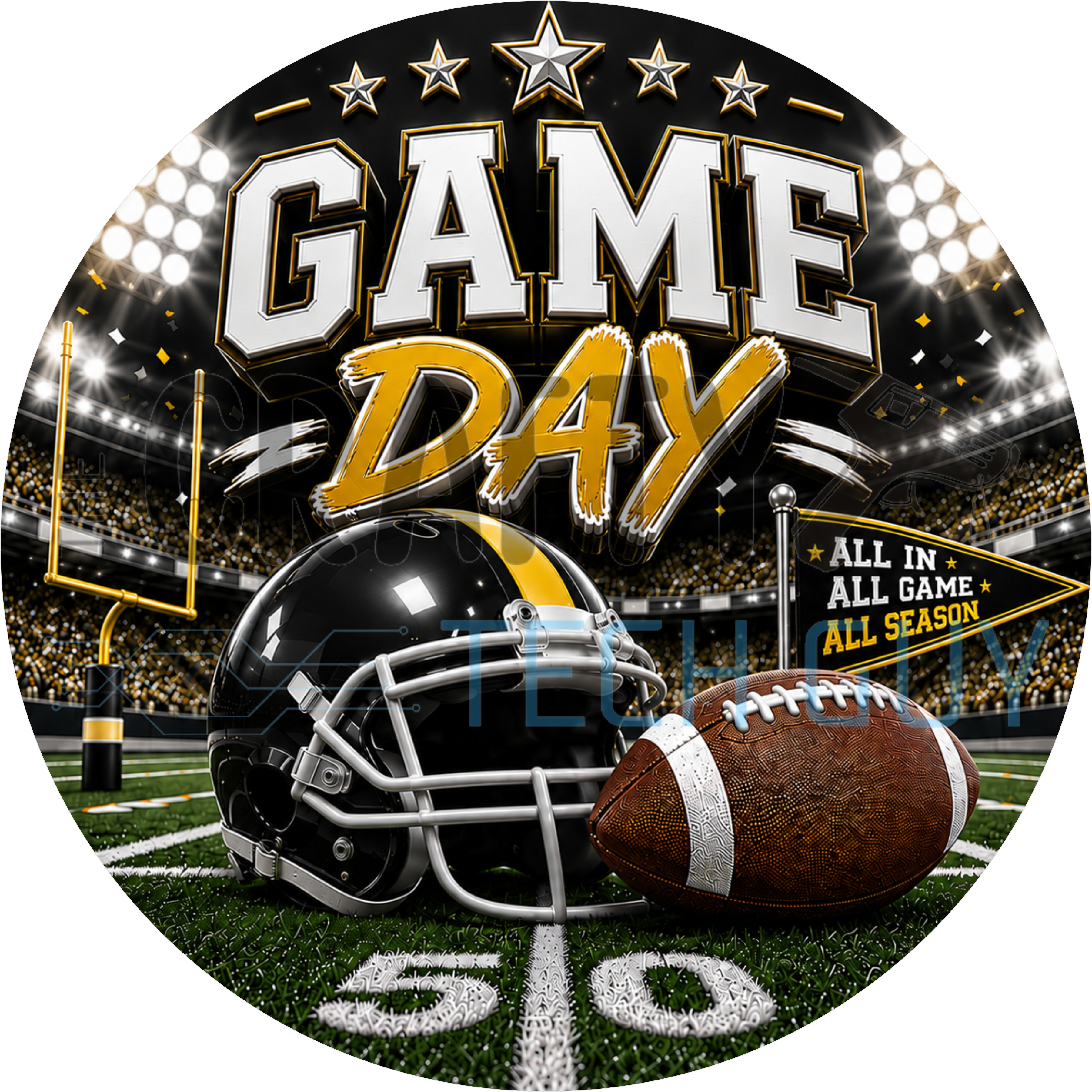 Game day football round wreath sign in coated aluminum, showing a black and gold team helmet on a bold striped background