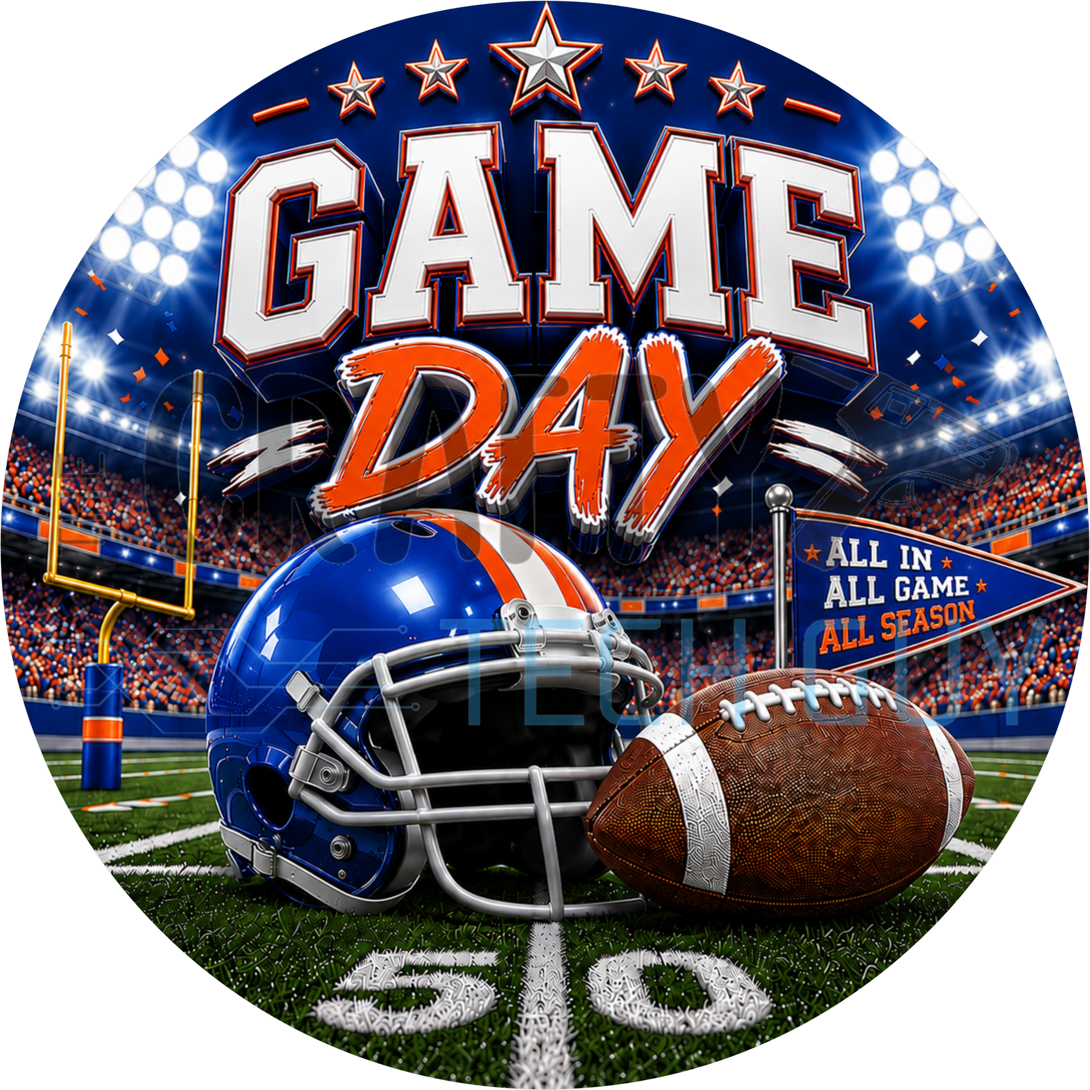 Game day football round wreath sign in coated aluminum, showing a blue and orange team helmet on a bold striped background