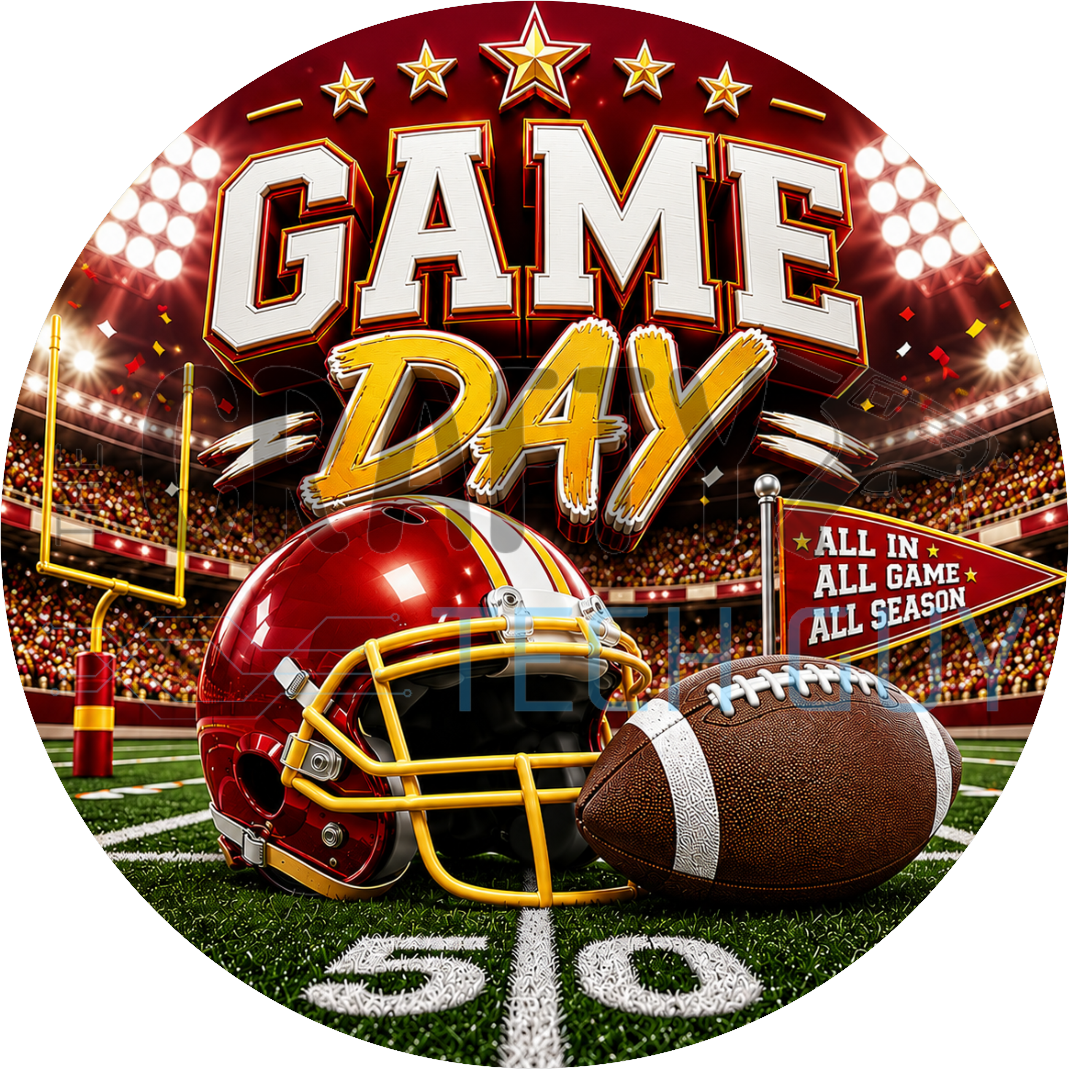 Game day football round wreath sign in coated aluminum, showing a crimson red and gold team helmet on a bold striped background