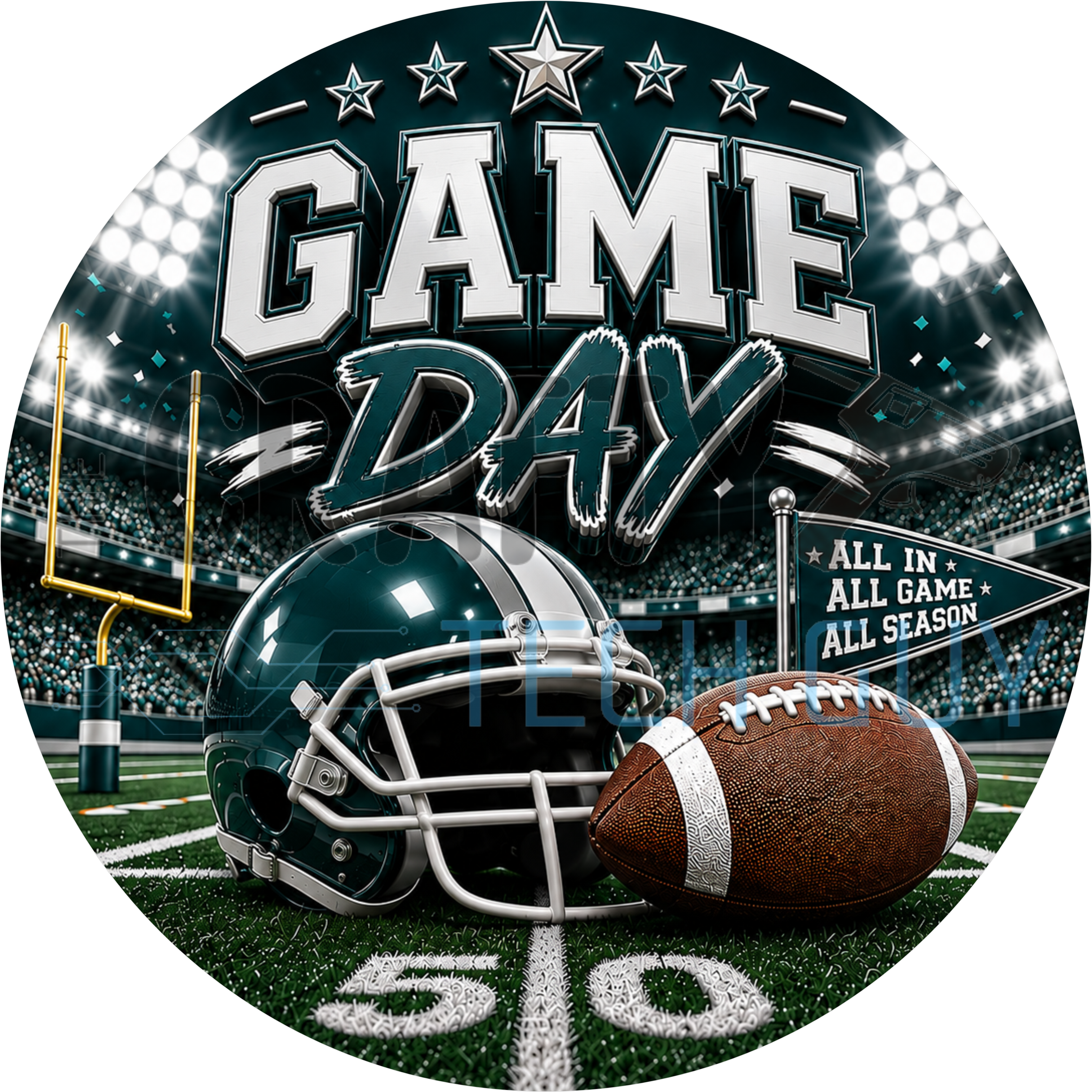 Game day football round wreath sign in coated aluminum, showing a midnight green and silver team helmet on a bold striped background