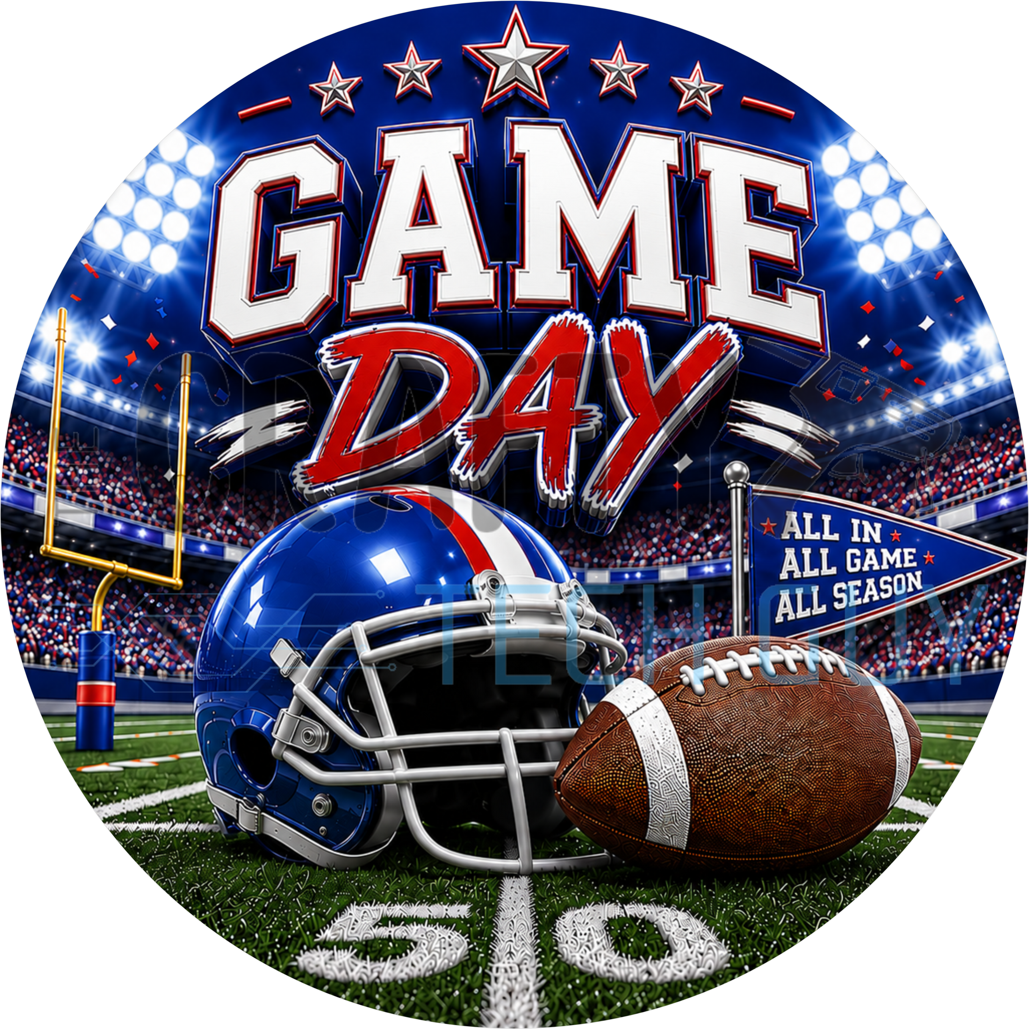 Game day football round wreath sign in coated aluminum, showing a red, white and blue team helmet on a bold striped background