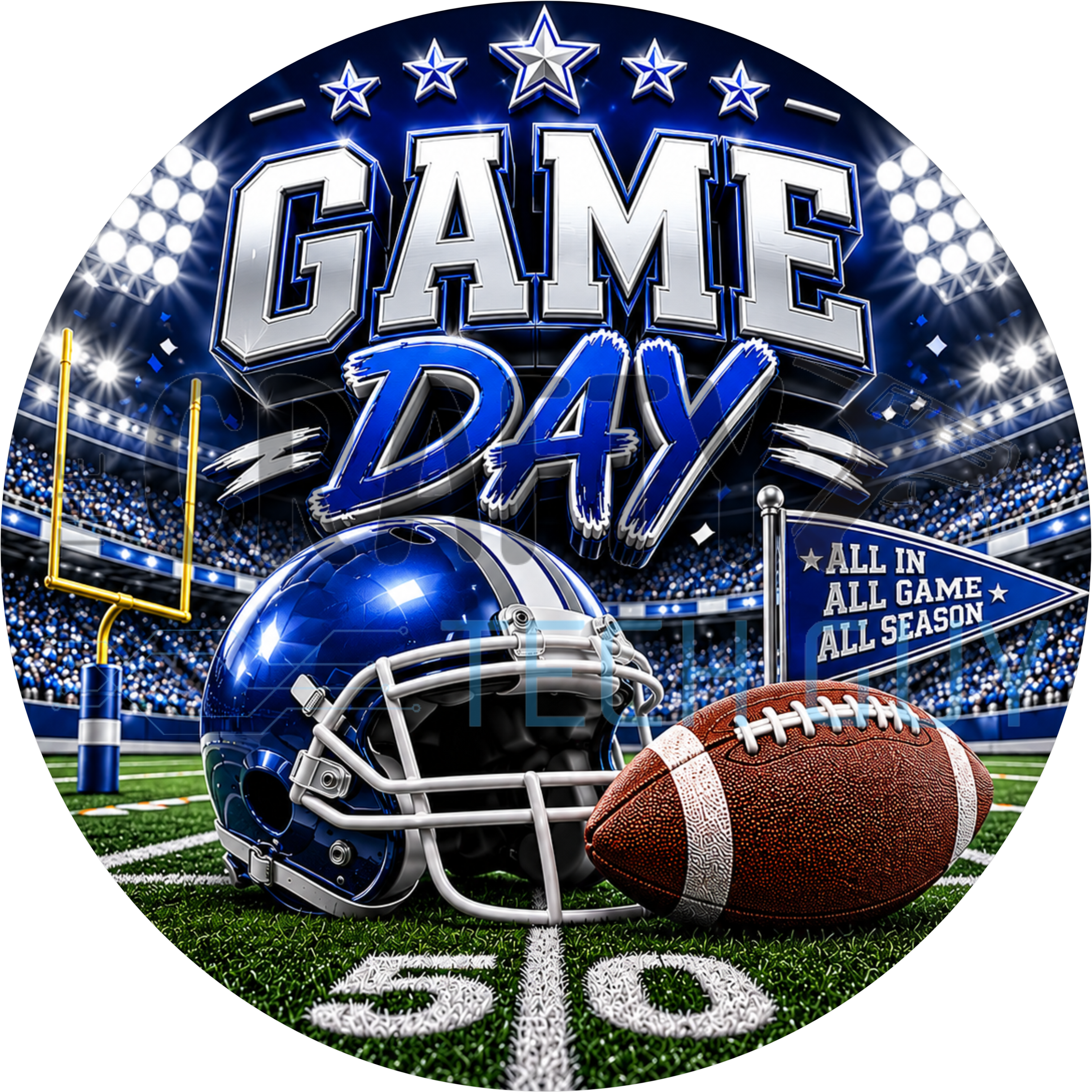 Game day football round wreath sign in coated aluminum, showing a royal blue and silver team helmet on a bold striped background