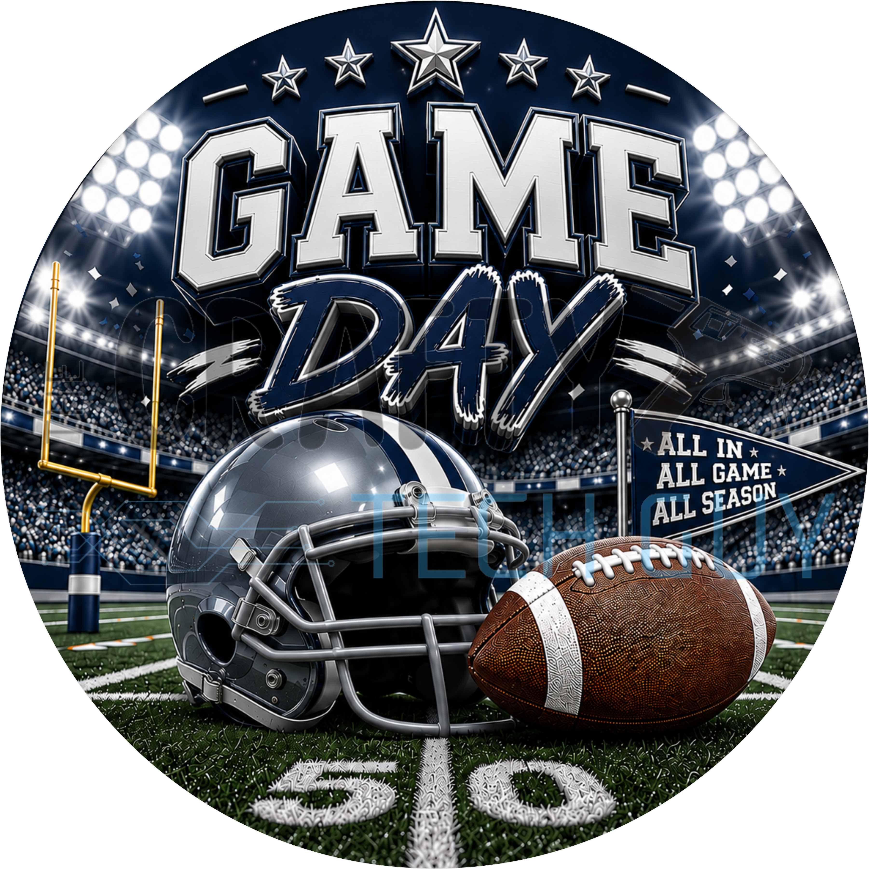 Game day football round wreath sign in coated aluminum, showing a silver and navy blue team helmet on a bold striped background