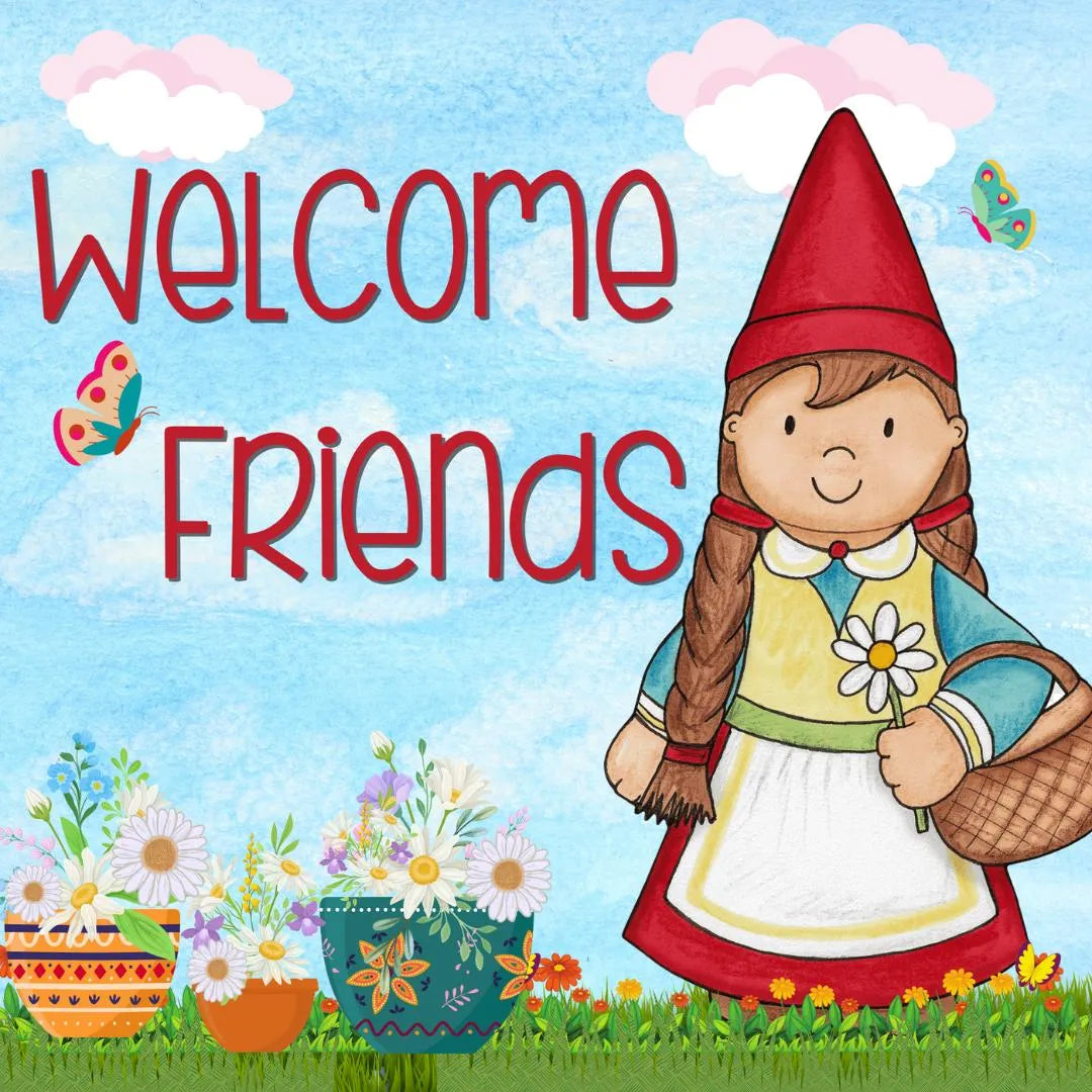 Garden Gnome Welcome Friends Sign - Cute Spring Floral Wall Decor with Daisies - Outdoor Garden Gnome Art