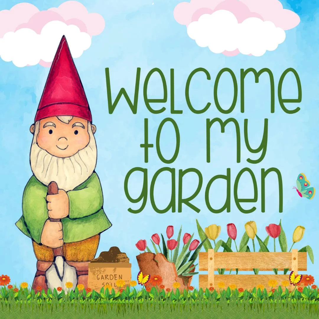 Garden Gnome Welcome to My Garden Sign - Whimsical Outdoor Spring Garden Art with Tulips - Cute Yard Decor