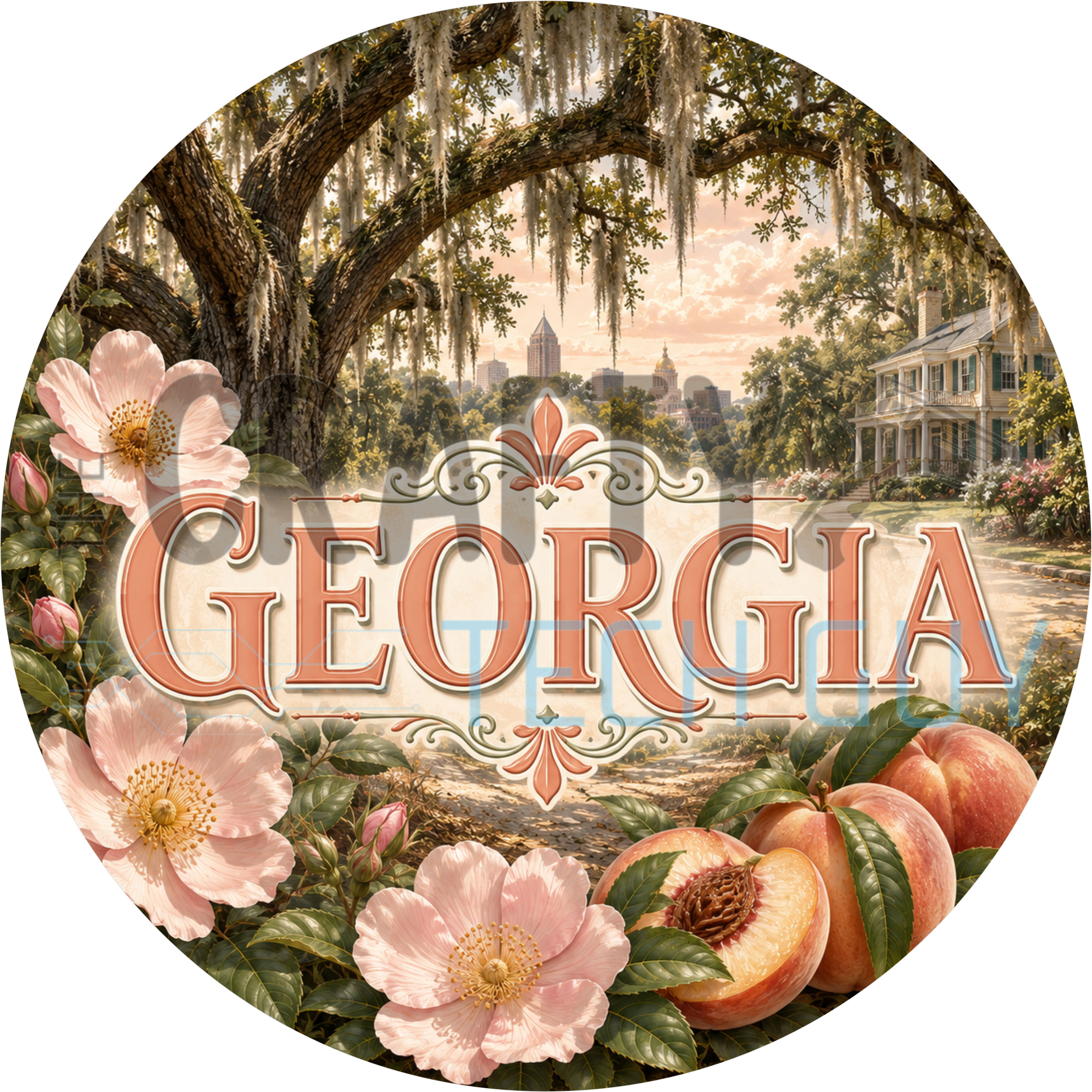 Georgia round wreath sign in coated aluminum, showing ripe peaches, white Cherokee roses and a moss-draped live oak