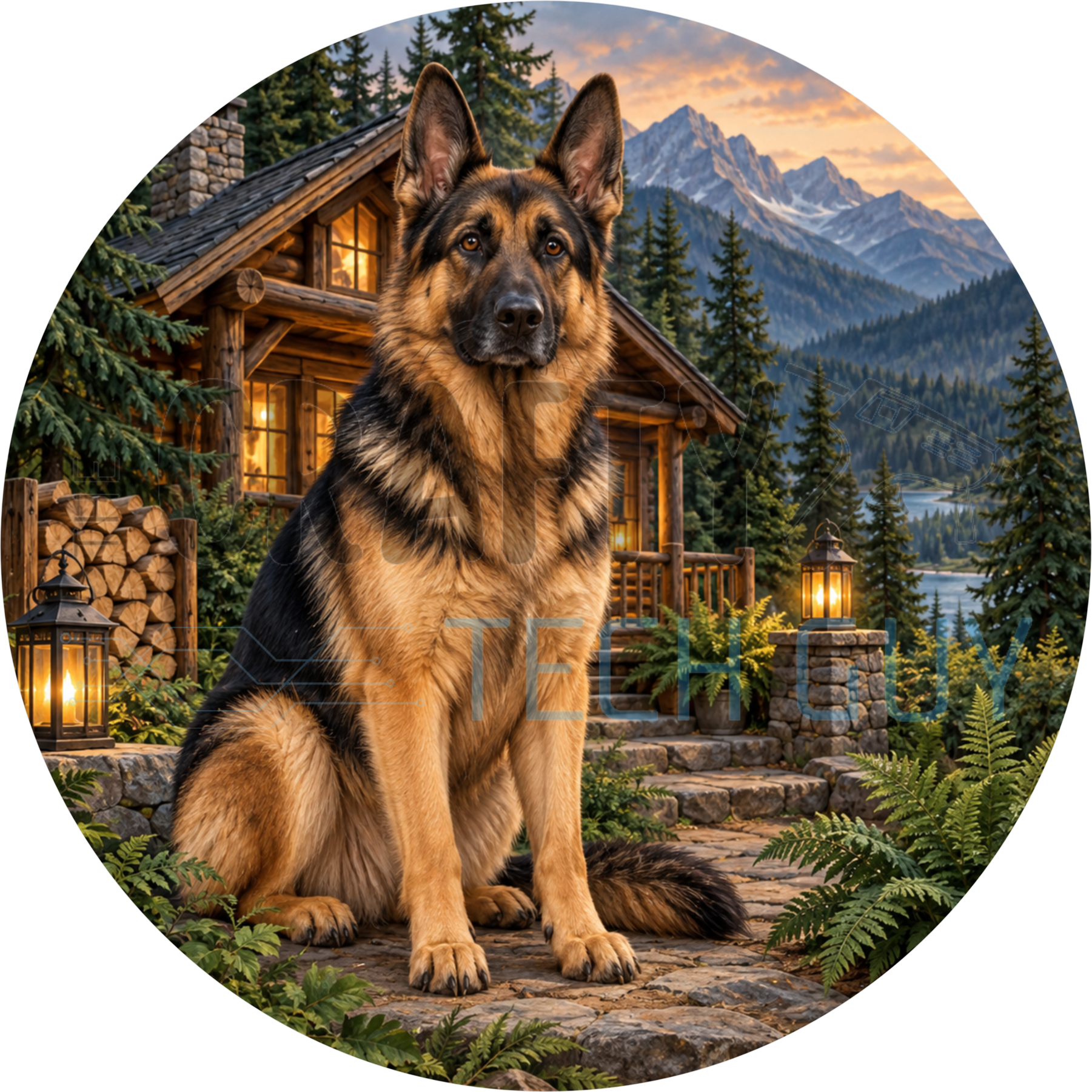 Black and tan German shepherd round wreath sign on a stone path outside a lit log cabin with lanterns and snow-capped mountains
