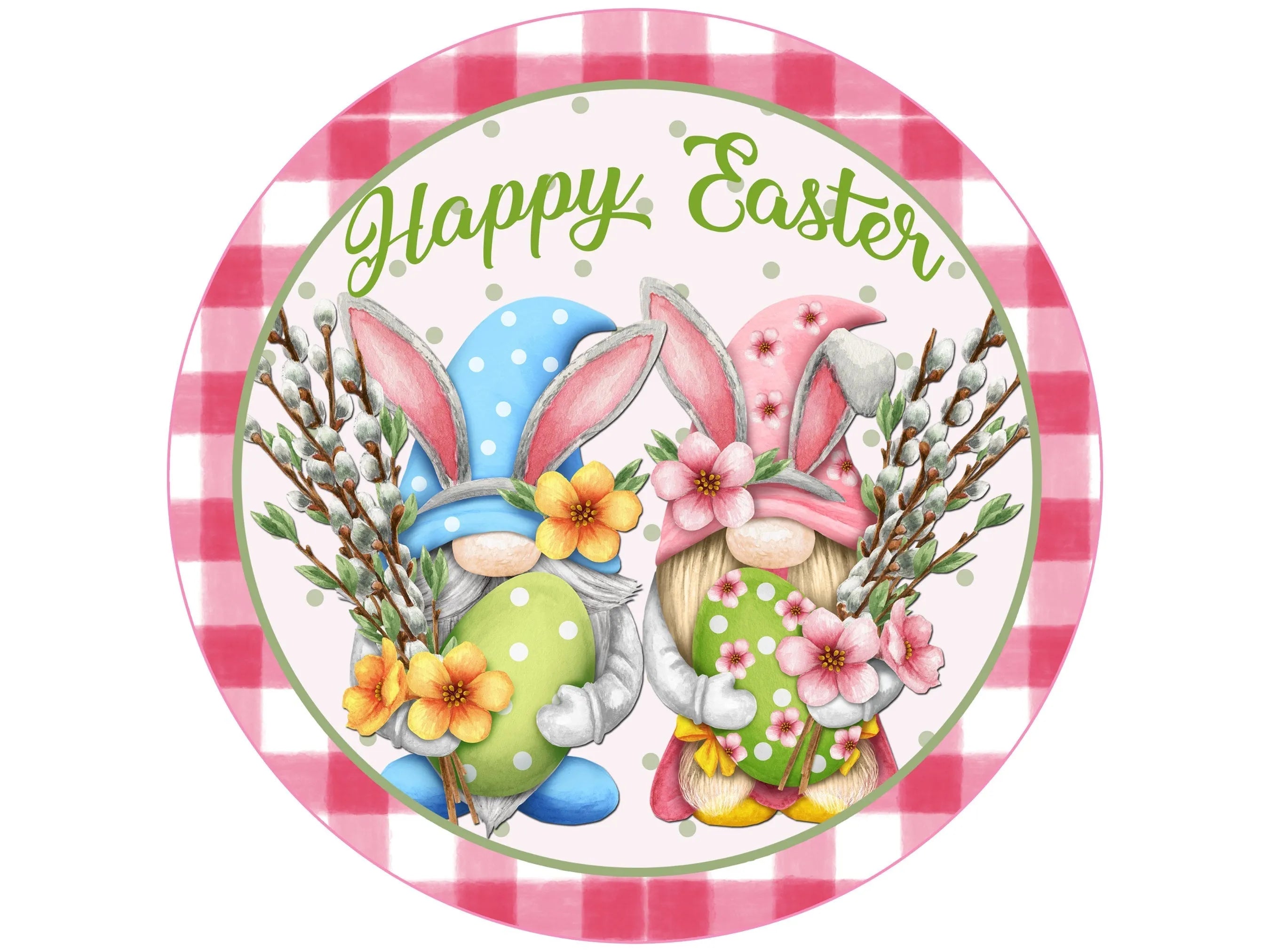 gingham gnome Easter bunny couple wreath sign, floral gnome Easter bunny holding eggs wall art, Gnome bunny Easter egg hunt