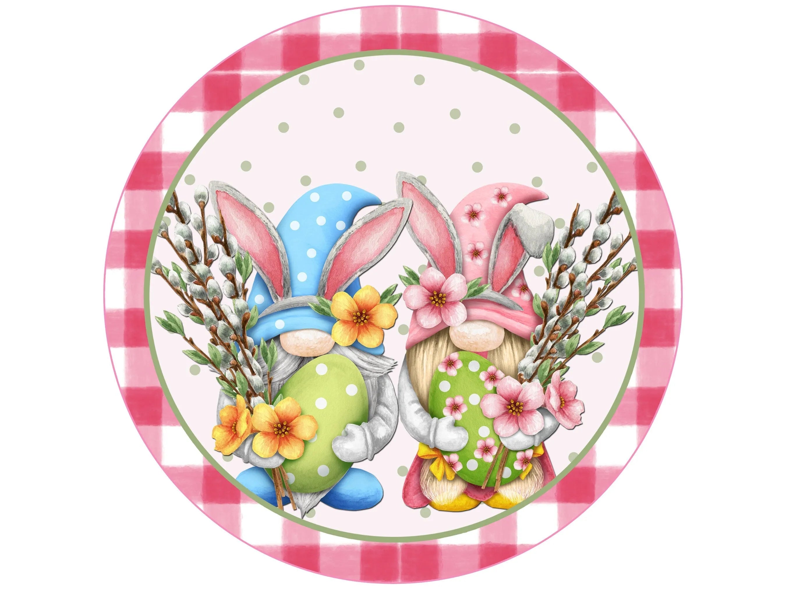 gingham gnome Easter bunny couple wreath sign, floral gnome Easter bunny holding eggs wall art, Gnome bunny Easter egg hunt