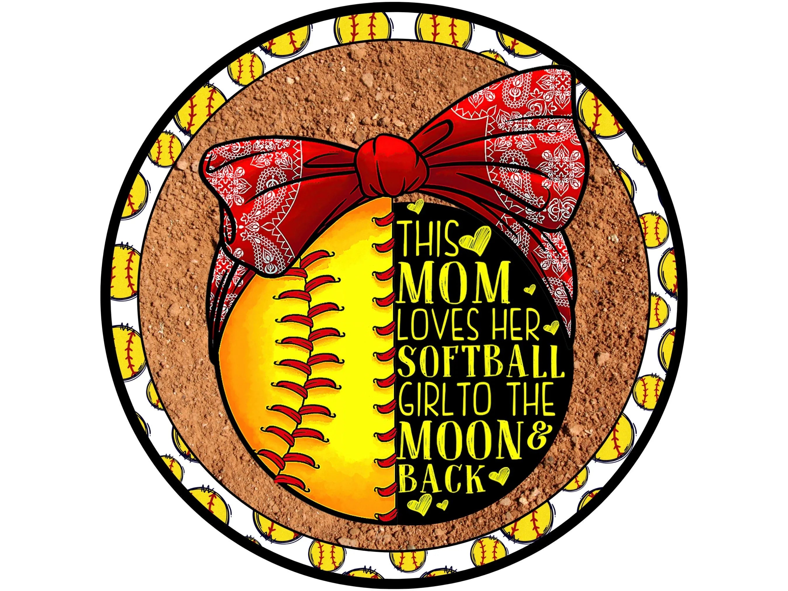 girl's softball mom wreath sign, softball mom sign, yellow and red stitch softball wall decoration, red bandana softball wreath attachment